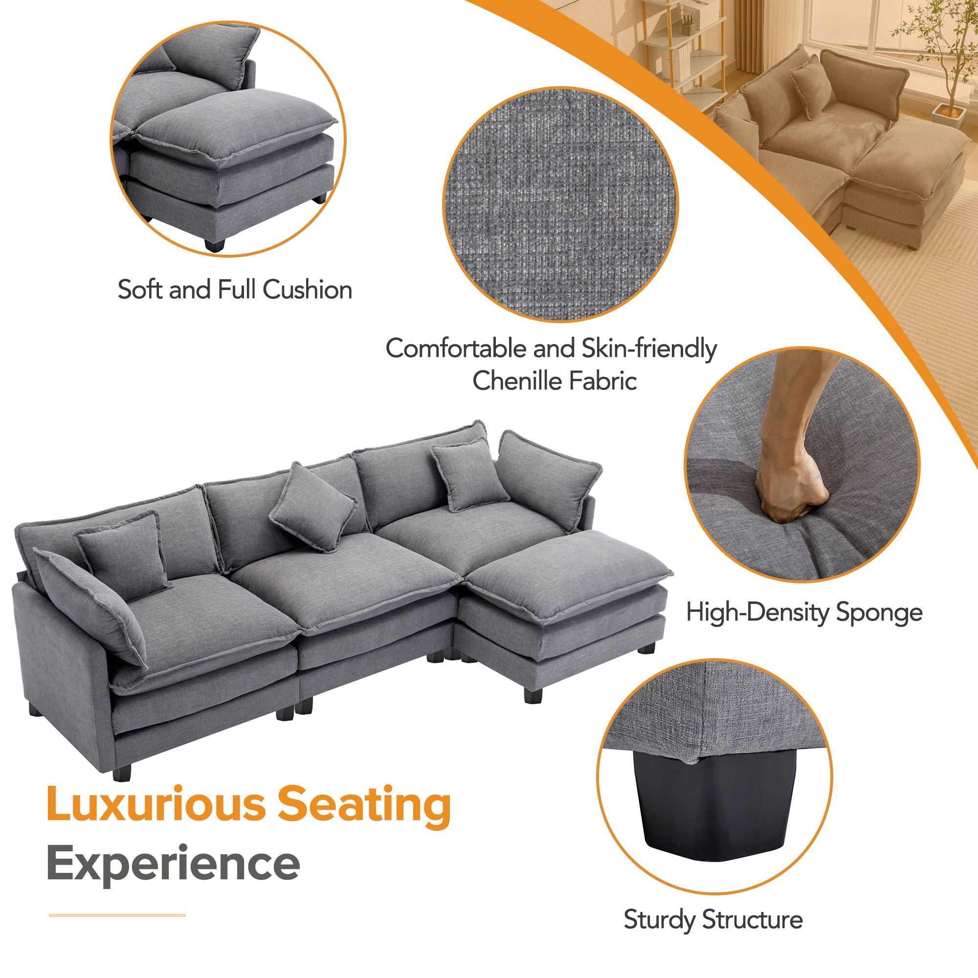 7DAY'S 112.2\" L-Shape Chenille Upholstered Sofa for Living Room Modern Luxury Sofa Couch with Ottoman and 5 Pillows for Living Room