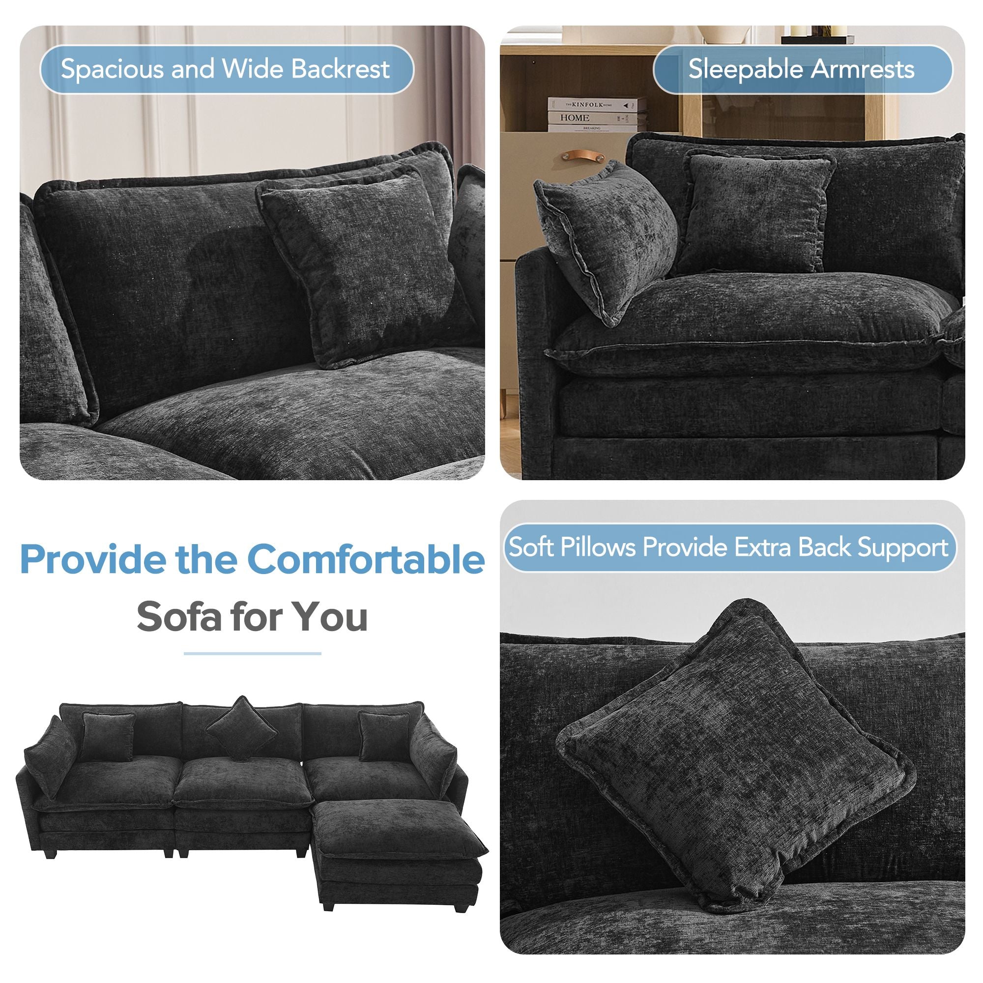 7DAY'S 112.2\" L-Shape Chenille Upholstered Sofa for Living Room Modern Luxury Sofa Couch with Ottoman and 5 Pillows for Living Room