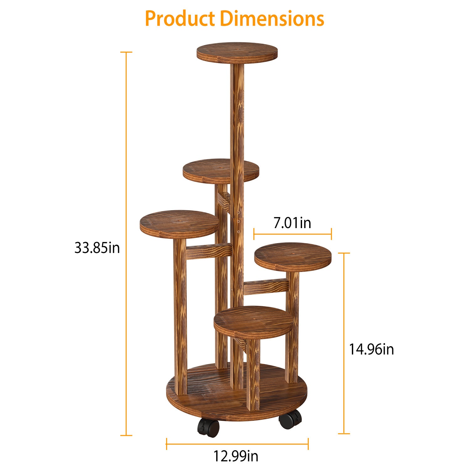 7DAY'S 5 Tier Plant Stand with 4 Detachable Wheels Wooden Plant Pot Rolling Shelf Plant Display Rack for Indoor Outdoor Decoration