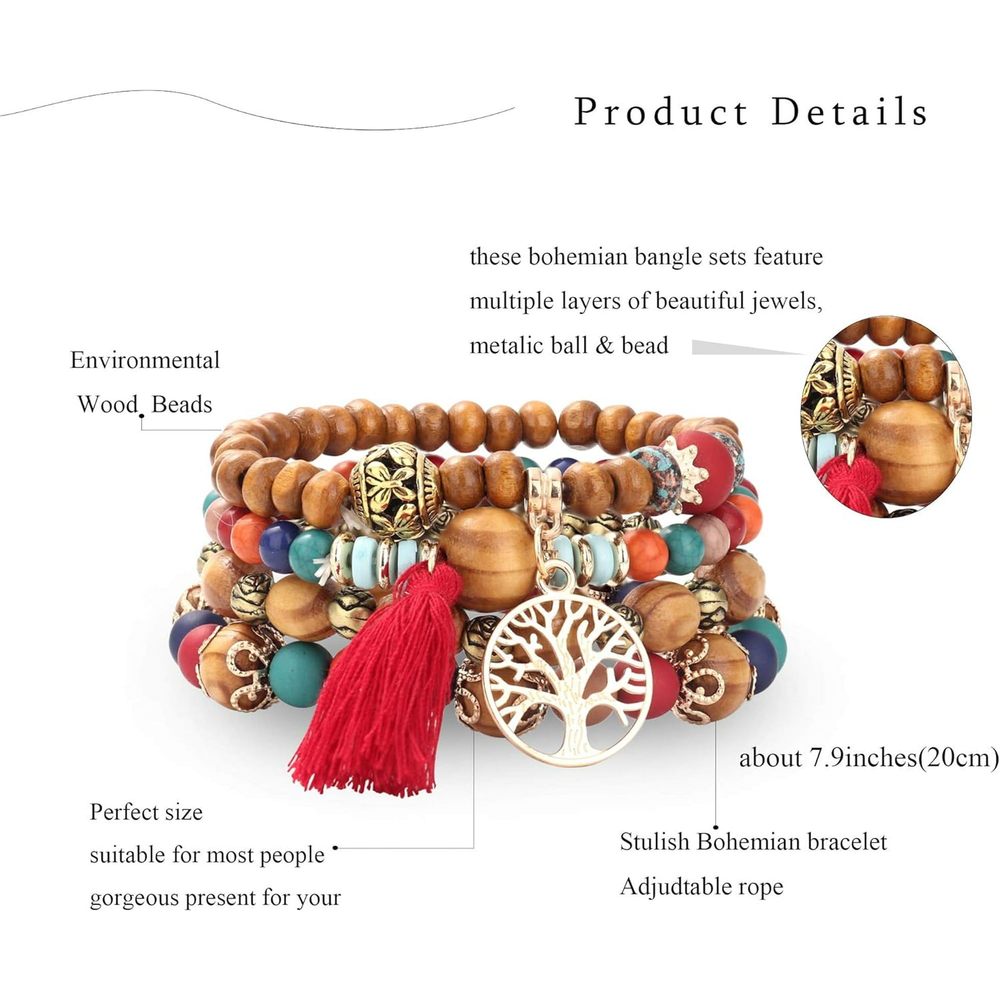 7DAY'S 8 Sets Bohemian Stretch Wood Beaded Bracelets for Women Boho Tassel Bracelet Set bead Strand Bangle Charm Multilayer Stackable Bracelets