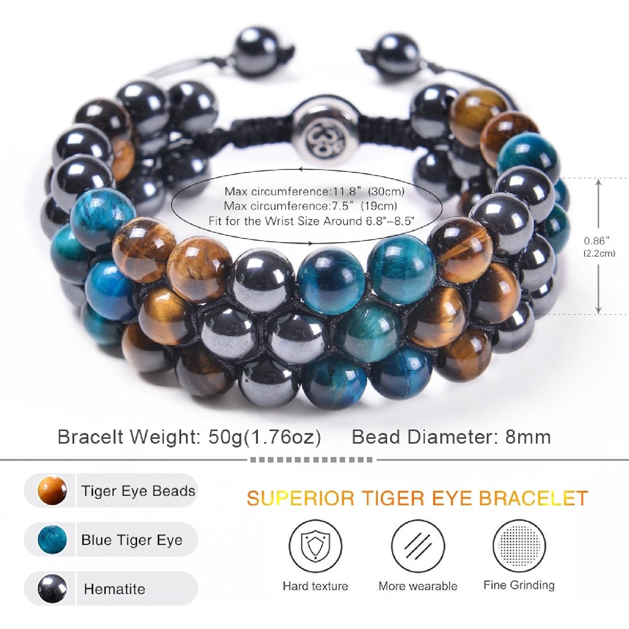 7DAYS Men's Jewelry, Men Bracelets Adjustable Tiger-Eye Crystal Black Brown Three Layer Braided Bead for Men Nature Stones for Fathers Day