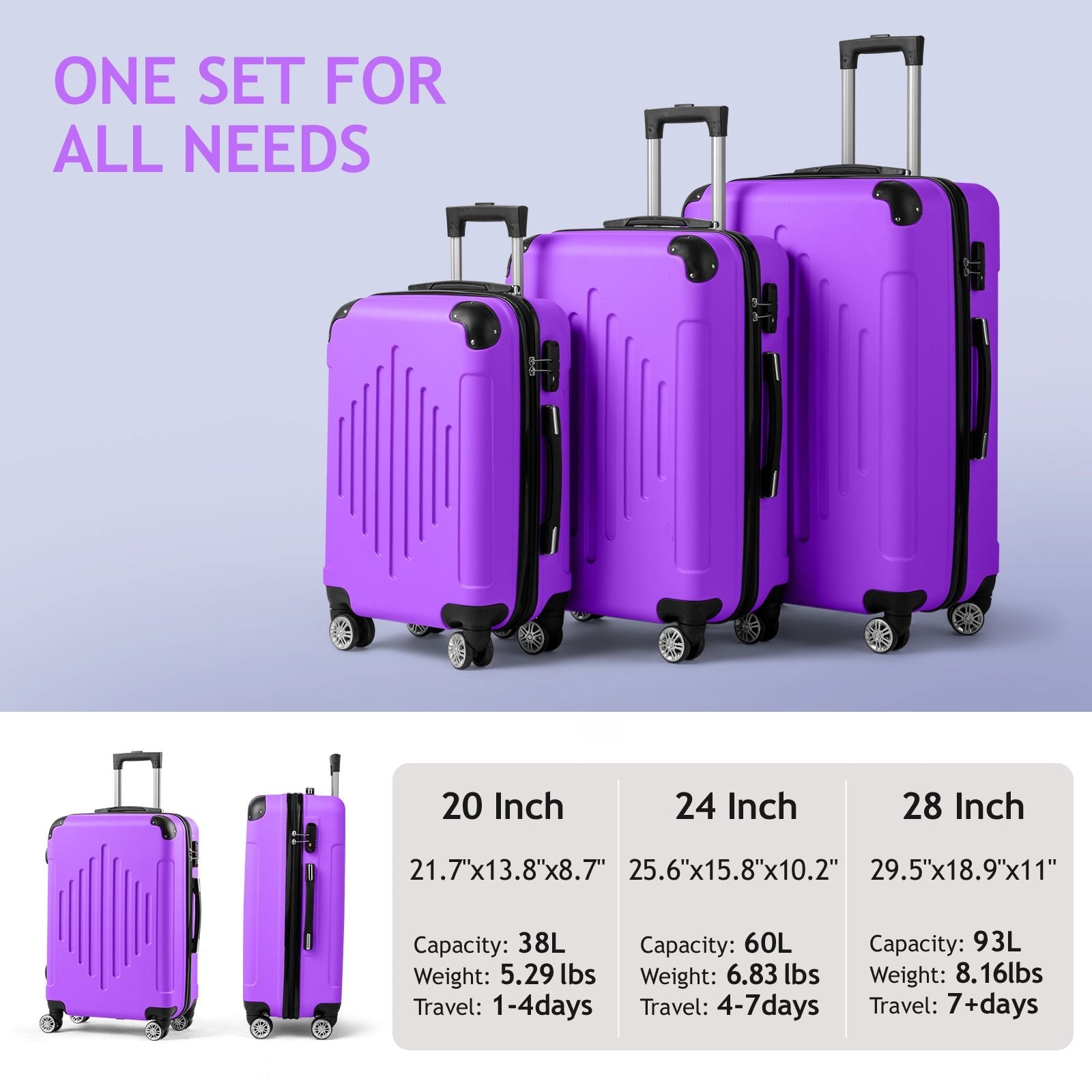 7DAY'S Trolley 3-Piece Suitcase Set, Carry-On Suitcase Set Hard Shell Lightweight Spinner with TSA Lock, Purple, Green, Yellow, Blue