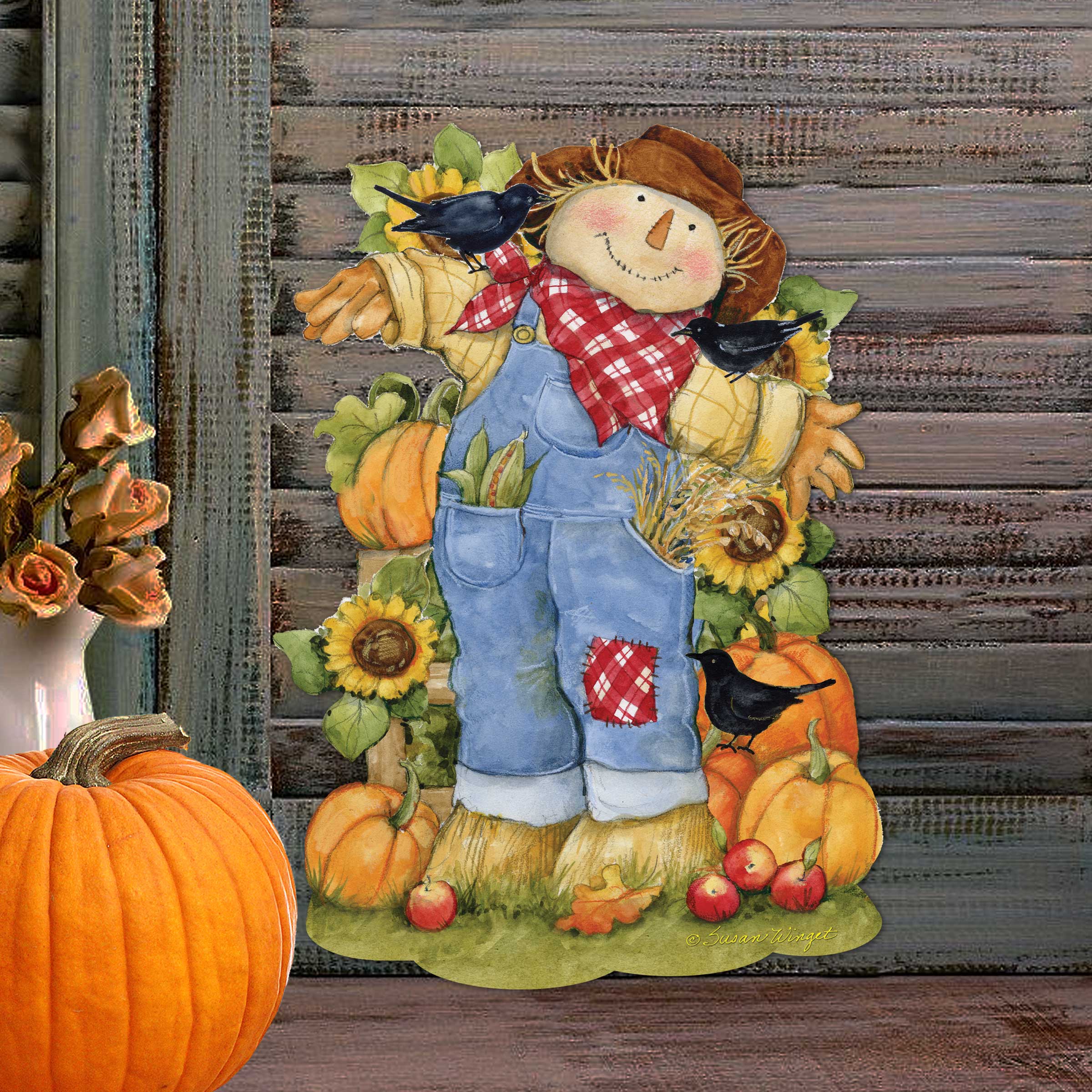 Front Door Fall Decoration Harvest Scarecrow Sign - Cornucopia - Rustic Handmade Gift Autumn Adornment by Susan Winget - 8471211H-SW