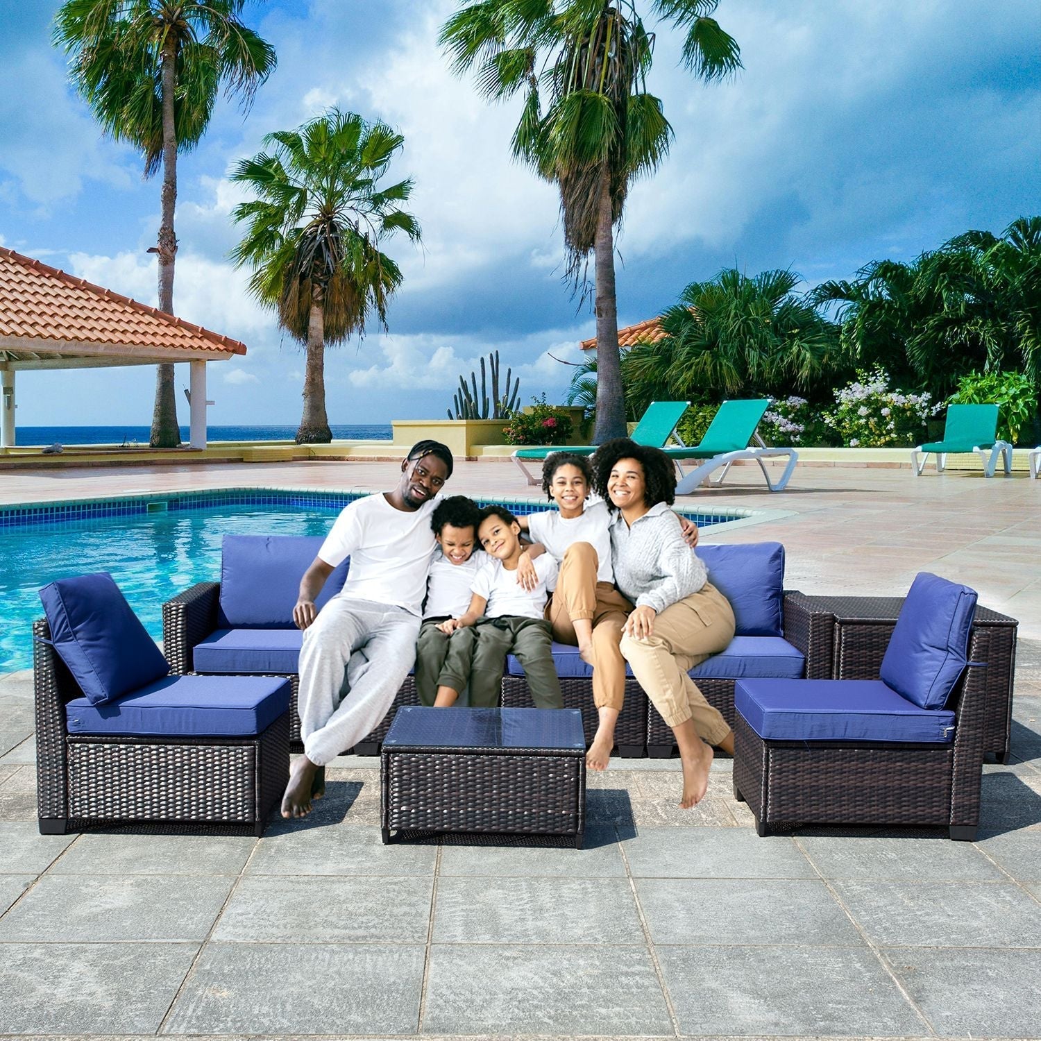 8-piece patio furniture set, all-weather outdoor wicker combination conversation sofa, rattan patio sofa with cushion and glass coffee table, with storage