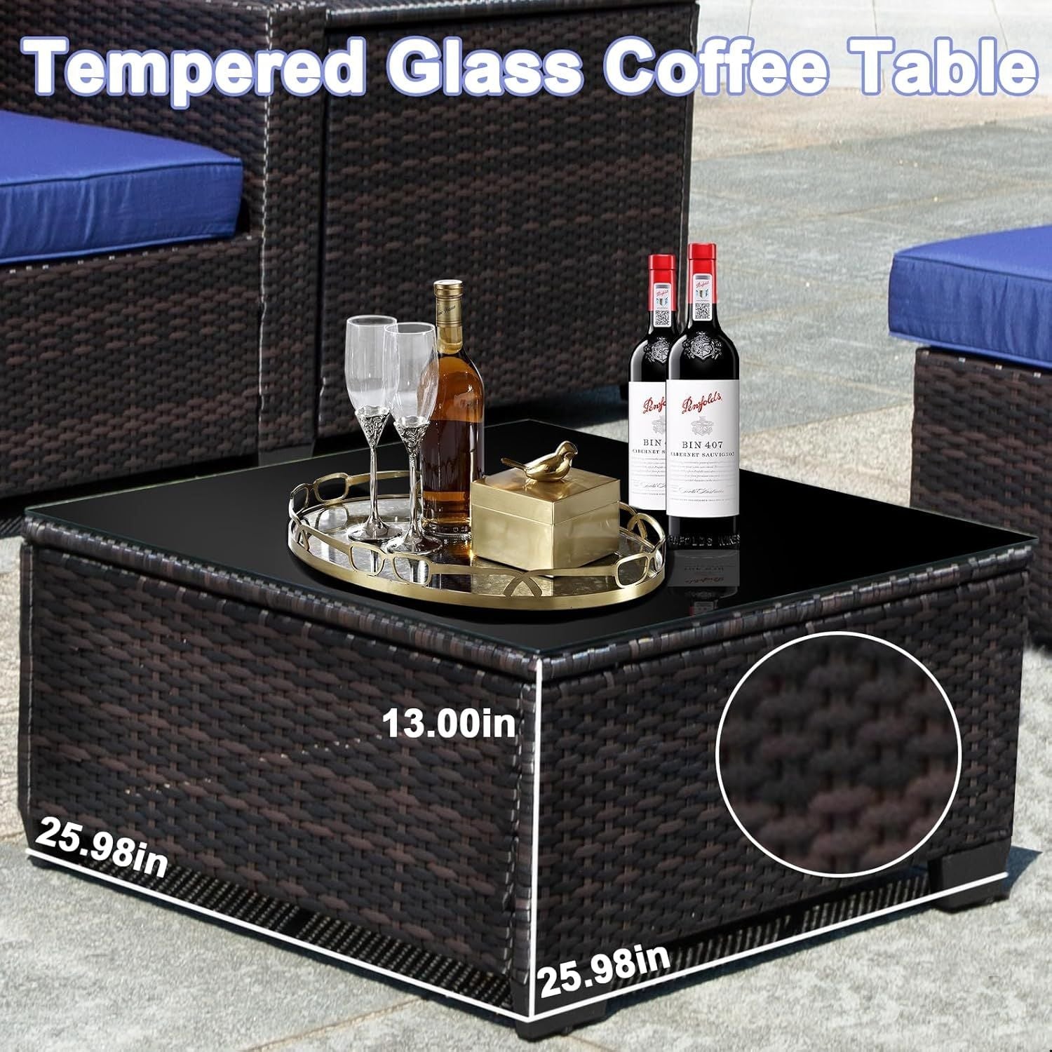 8-piece patio furniture set, all-weather outdoor wicker combination conversation sofa, rattan patio sofa with cushion and glass coffee table, with storage