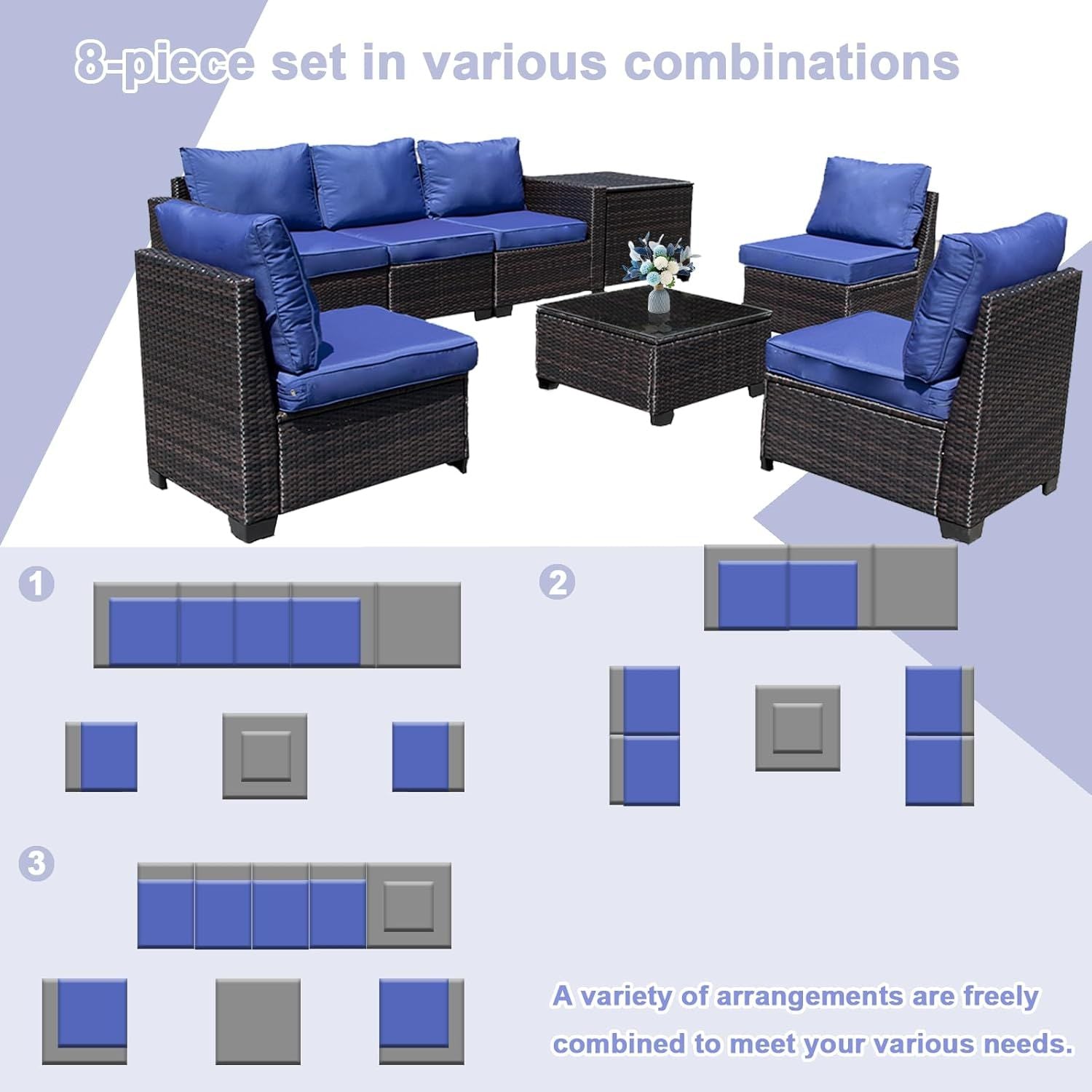 8-piece patio furniture set, all-weather outdoor wicker combination conversation sofa, rattan patio sofa with cushion and glass coffee table, with storage