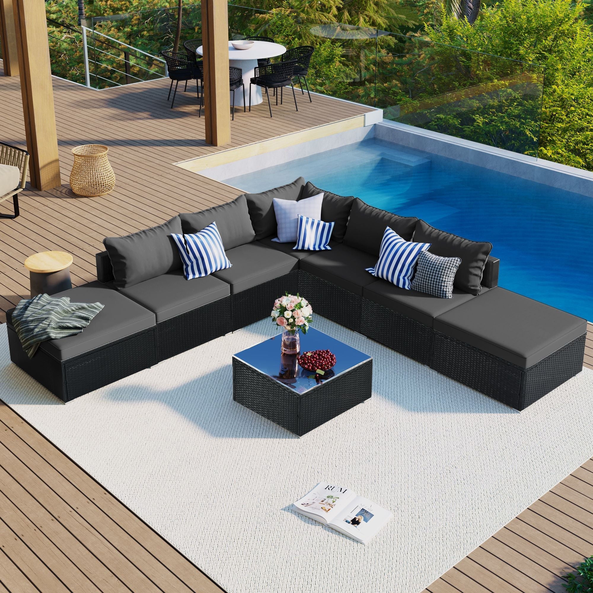8-Pieces Outdoor Patio Furniture Sets;  Garden Conversation Wicker Sofa Set;  Single Sofa Combinable
