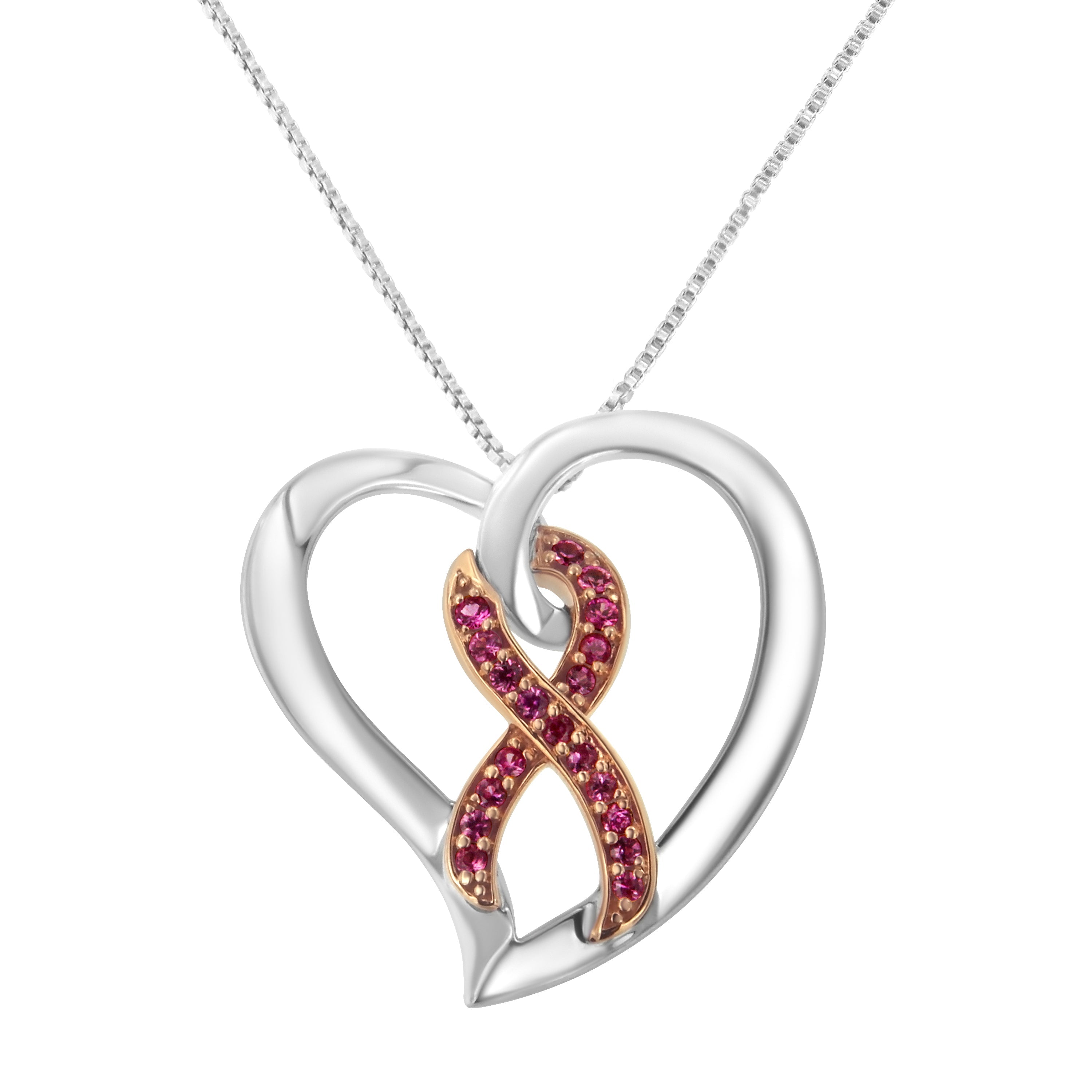 14Kt Rose Gold And Sterling Silver Heart Pendant Necklace With Created Pink Sapphires
