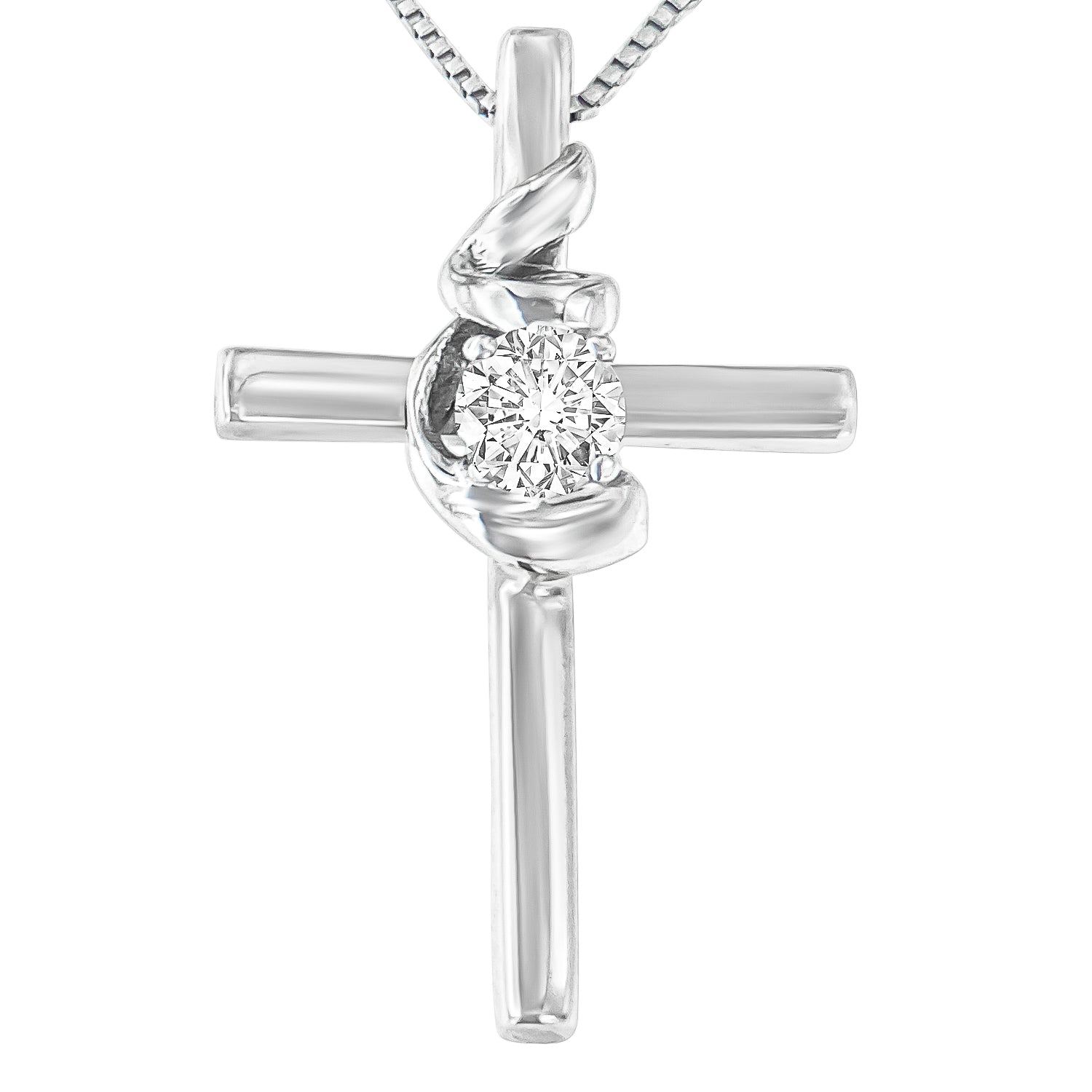 .925 Sterling Silver Prong Set Round-Cut Solitaire Diamond Accent Cross 18" Pendant Necklace (H-I Color, Si2-I1 Clarity)