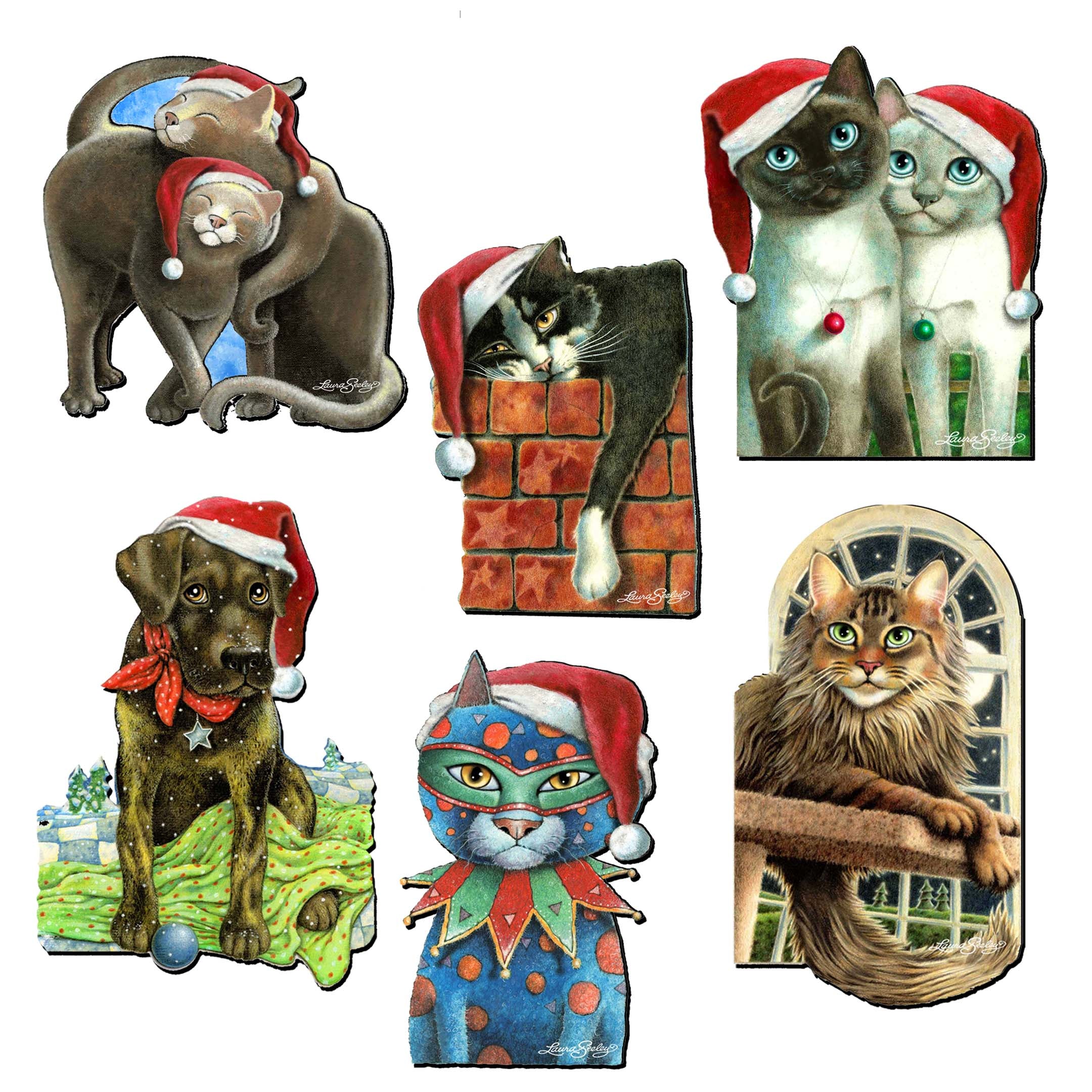 Dog and Cats Decorative Wooden Clip-on Ornaments Set of 6 by L. Seeley - Pets Dog and Cat Décor - 8090139C-S6