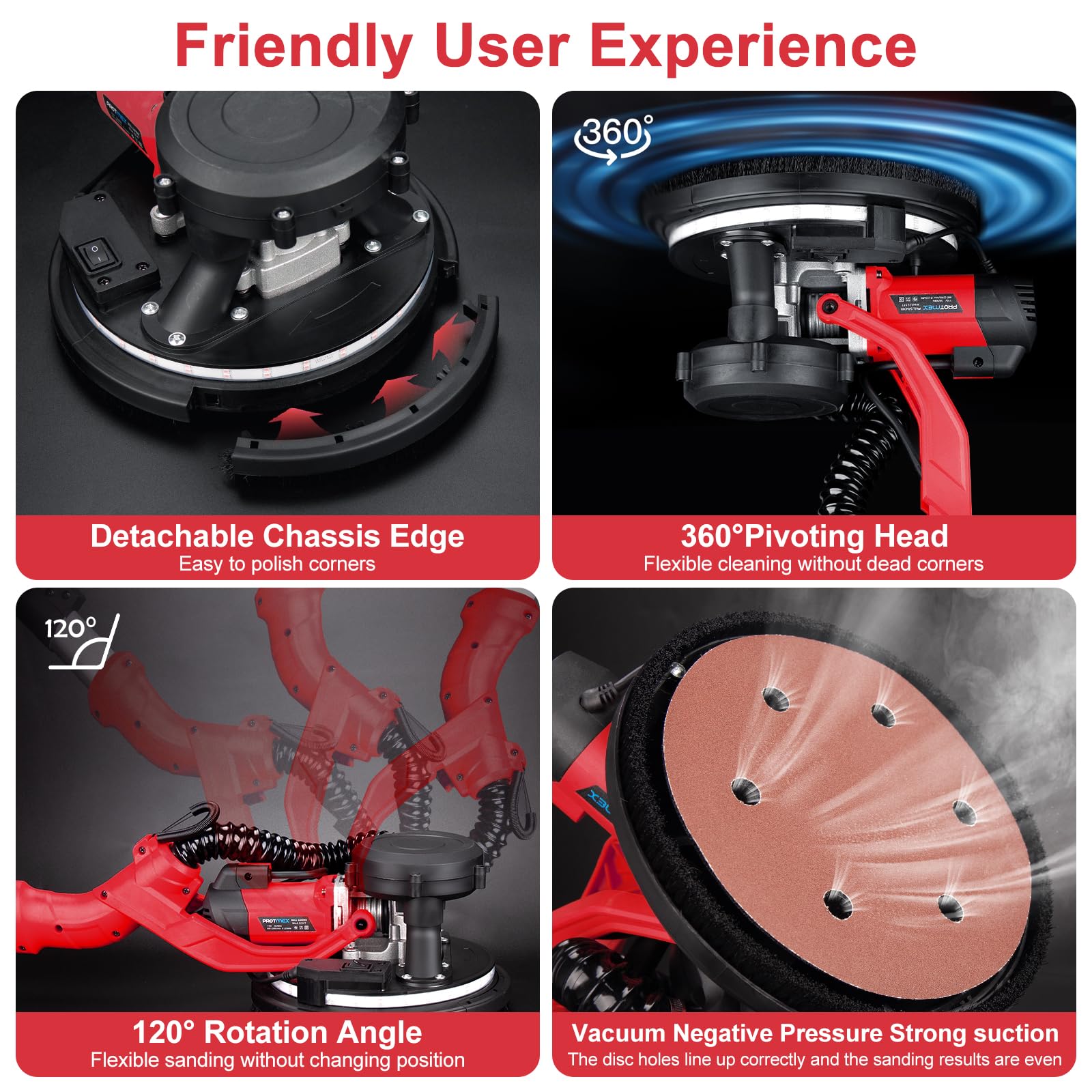 Drywall Sander, 1000W Popcorn Ceiling Removal Tool, Automatic Drywall Sander with Vacuum Dust Collection, LED Light, 6 Variable Speed 800-2200RPM,15Pcs Sanding Discs, Foldable & Extendable Handle