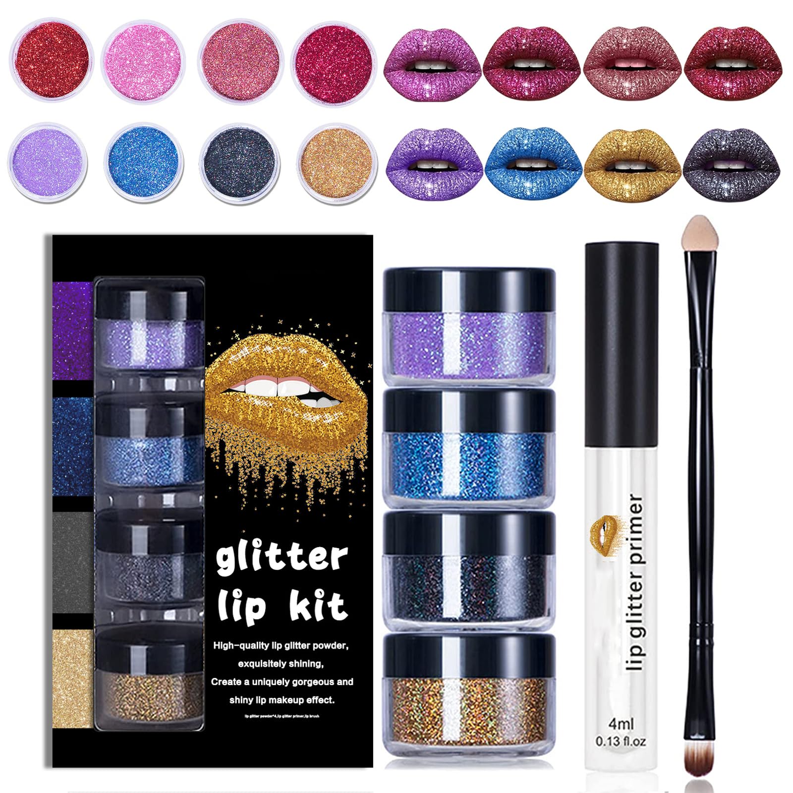 YECDET Sheglittary Glitter Lip Kit, 4 Color Glitter Lipstick with Lip Primer and Brush, Diamond And Glitter Metallic Lip Powder, Waterproof & Long Lasting & Smudge Proof (Set A)
