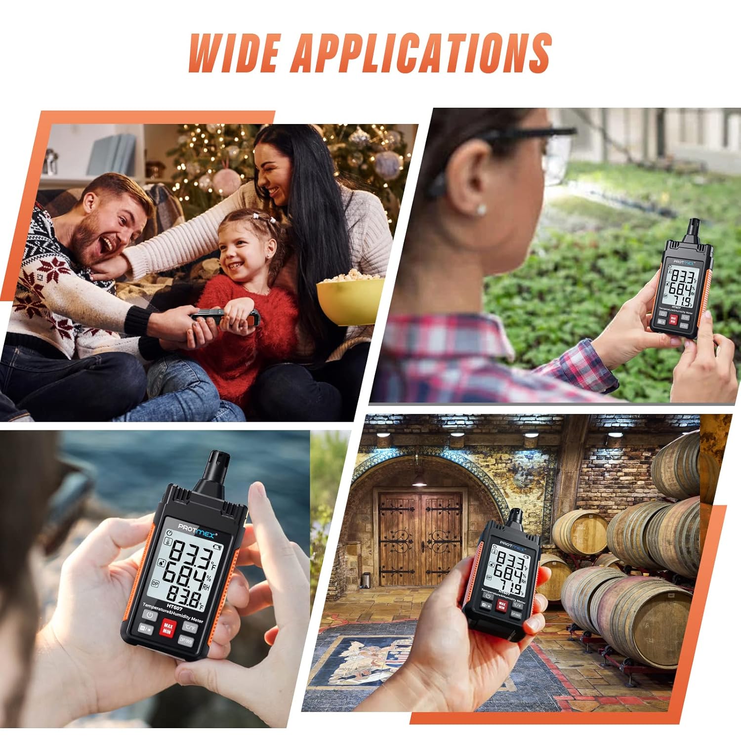 HT607 Temperature Humidity Meter High Precision Digital Hygrometer with Ambient, Relative Humidity, Dew Point, Wet Bulb Thermometer, Min/Max Hold, LCD Backlight with Cover Protector