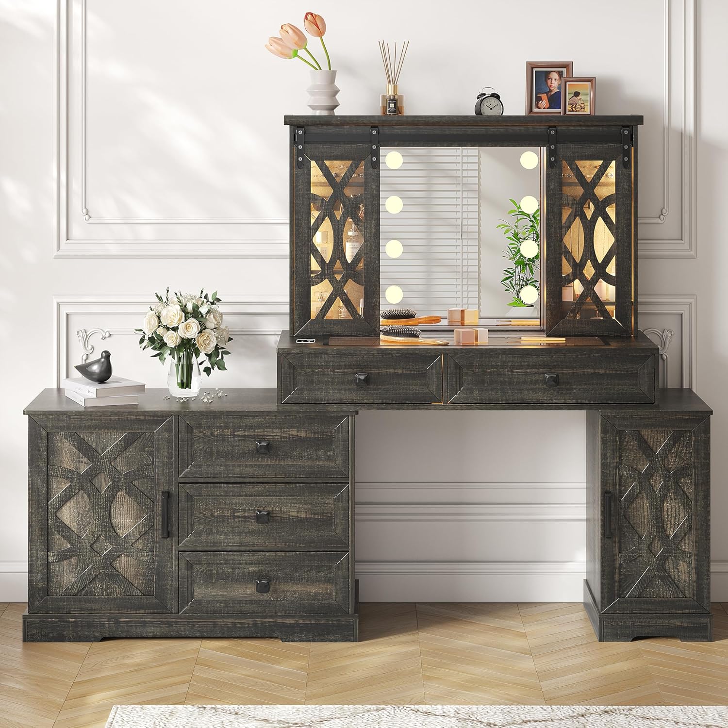 Vanity Desk with Mirror and Lights, Compact Makeup Table w/Storage Drawers & Shelves, Farmhouse Vanity Table with Hidden Chair for Bedroom, Gift for Girls Lady, Rustic Brown