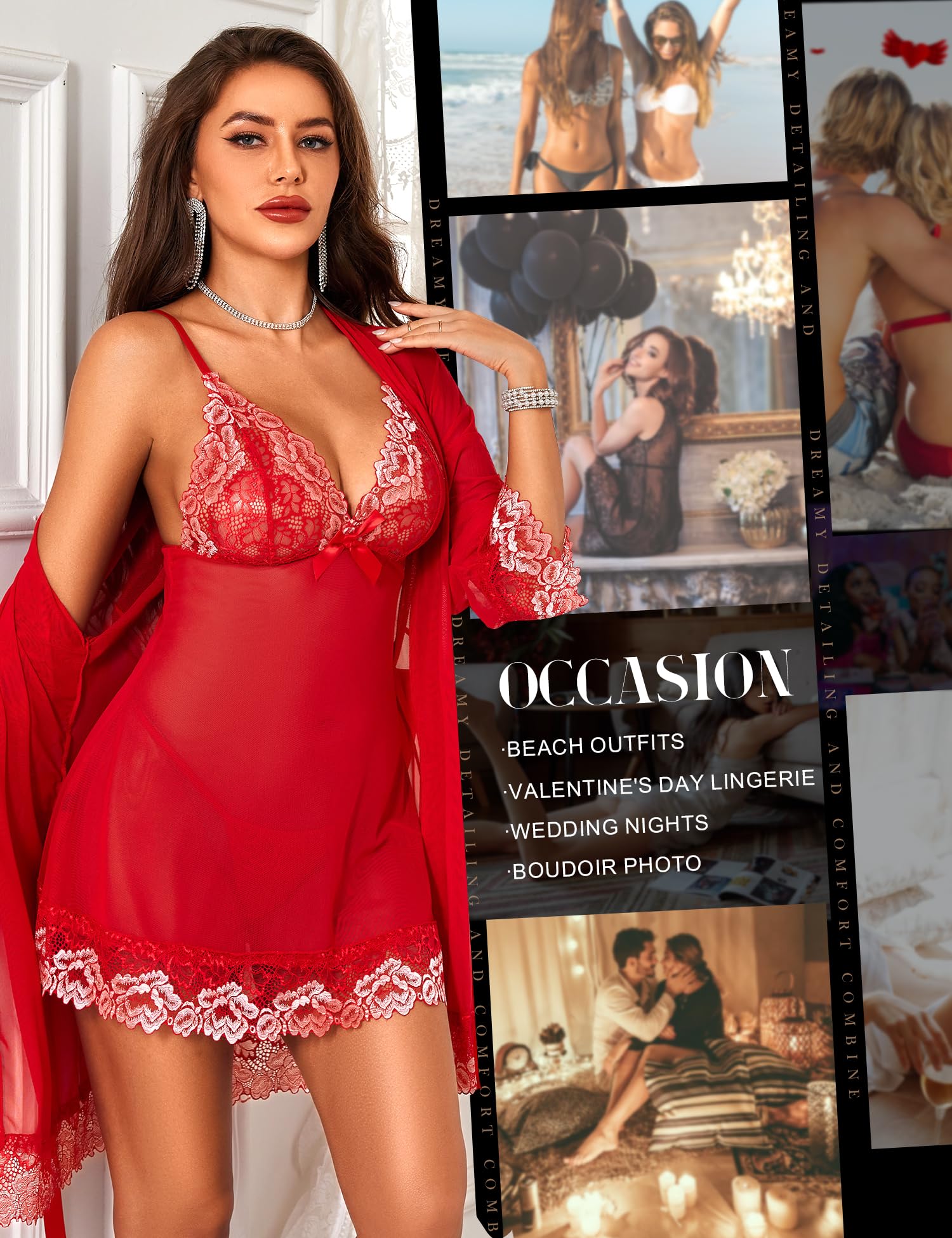 RSLOVE Women Sexy Lingerie Set 3 Piece Babydoll & Lace Kimono Robe Strap Chemise Mesh Nightgown Wine Red M