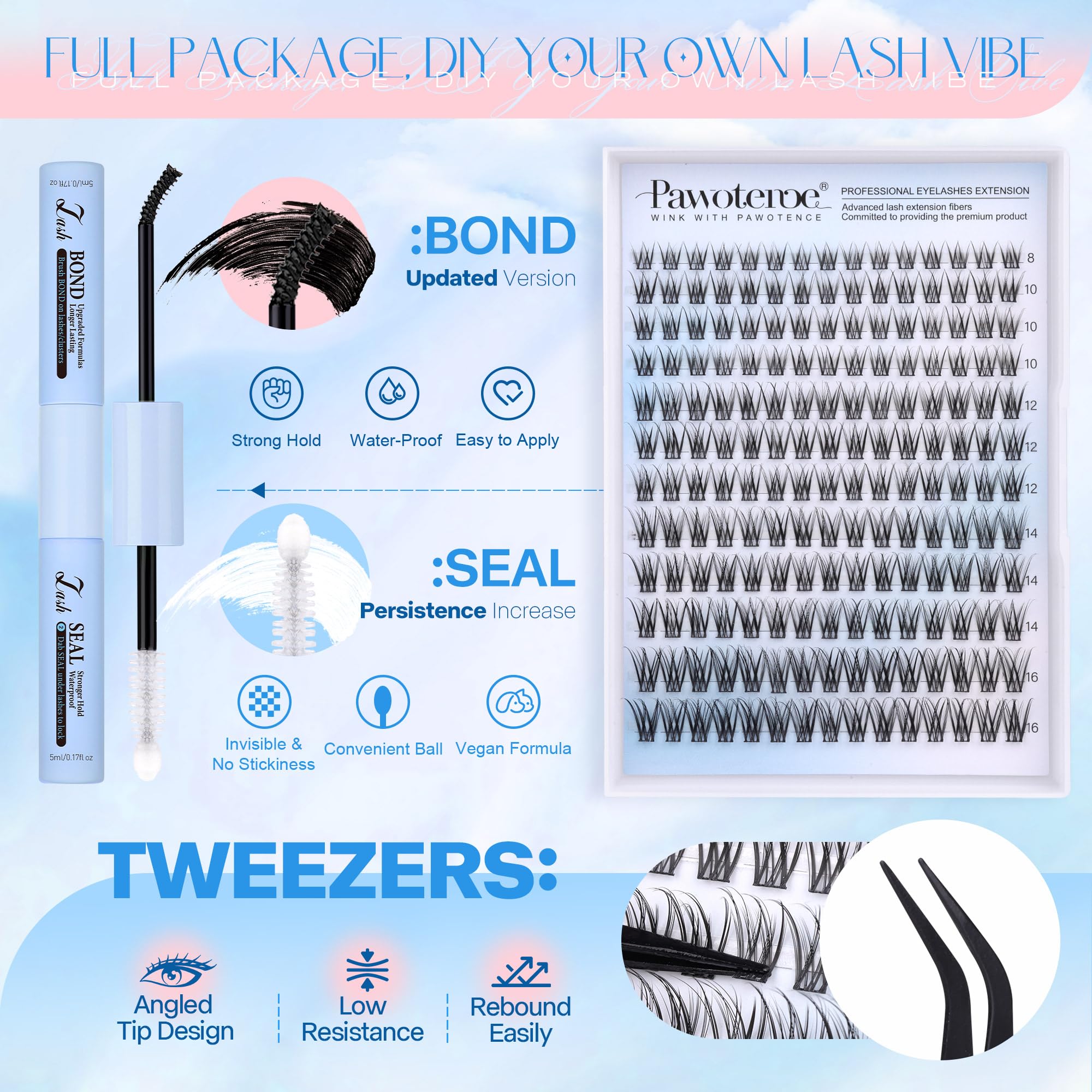 Pawotence Lash Extension Kit DIY 280pcs Lash Clusters Eyelash Extension Kit, 9-16mm 30D 40D Individual Lashes Kit with Lash Bond and Seal, Lash Tweezers for Self Use (30D&40D, 0.07D, 9-16mm, Kit)