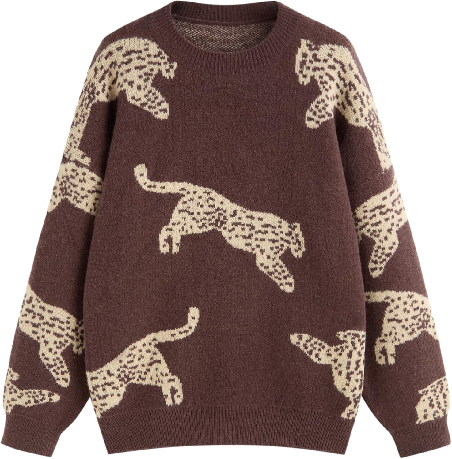 CIDER Womens Leopard Crew Neck Long Sleeve Boho Knit Sweater Casual Pullover Fall Sweater
