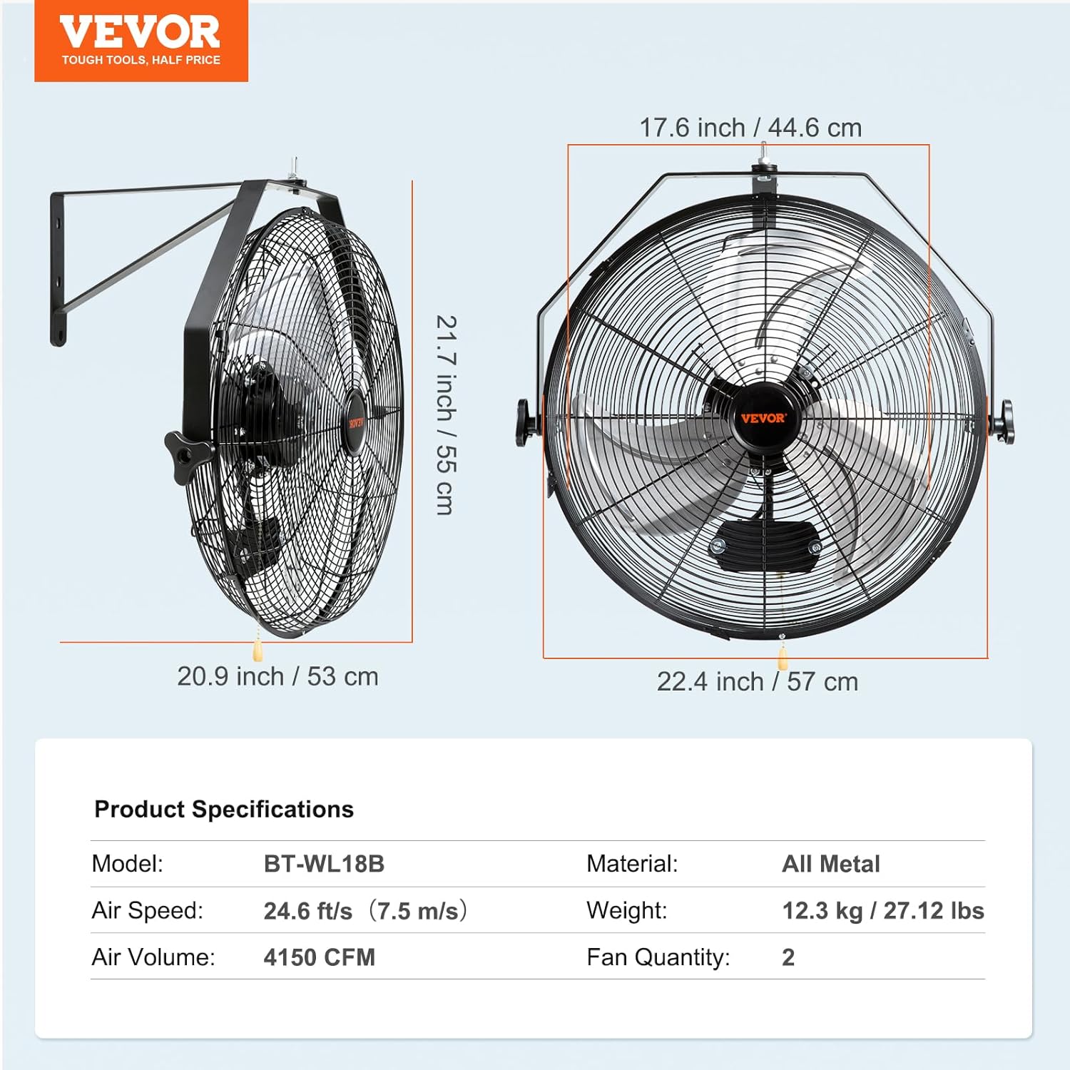 VEVOR Wall Mount Fan, 2 PCS 18 inch Waterproof, 3-speed High Velocity Max. 4000 CFM Industrial Wall Fan for Indoor, Commercial, Residential, Warehouse, Greenhouse, Workshop, Basement, Garage,Black