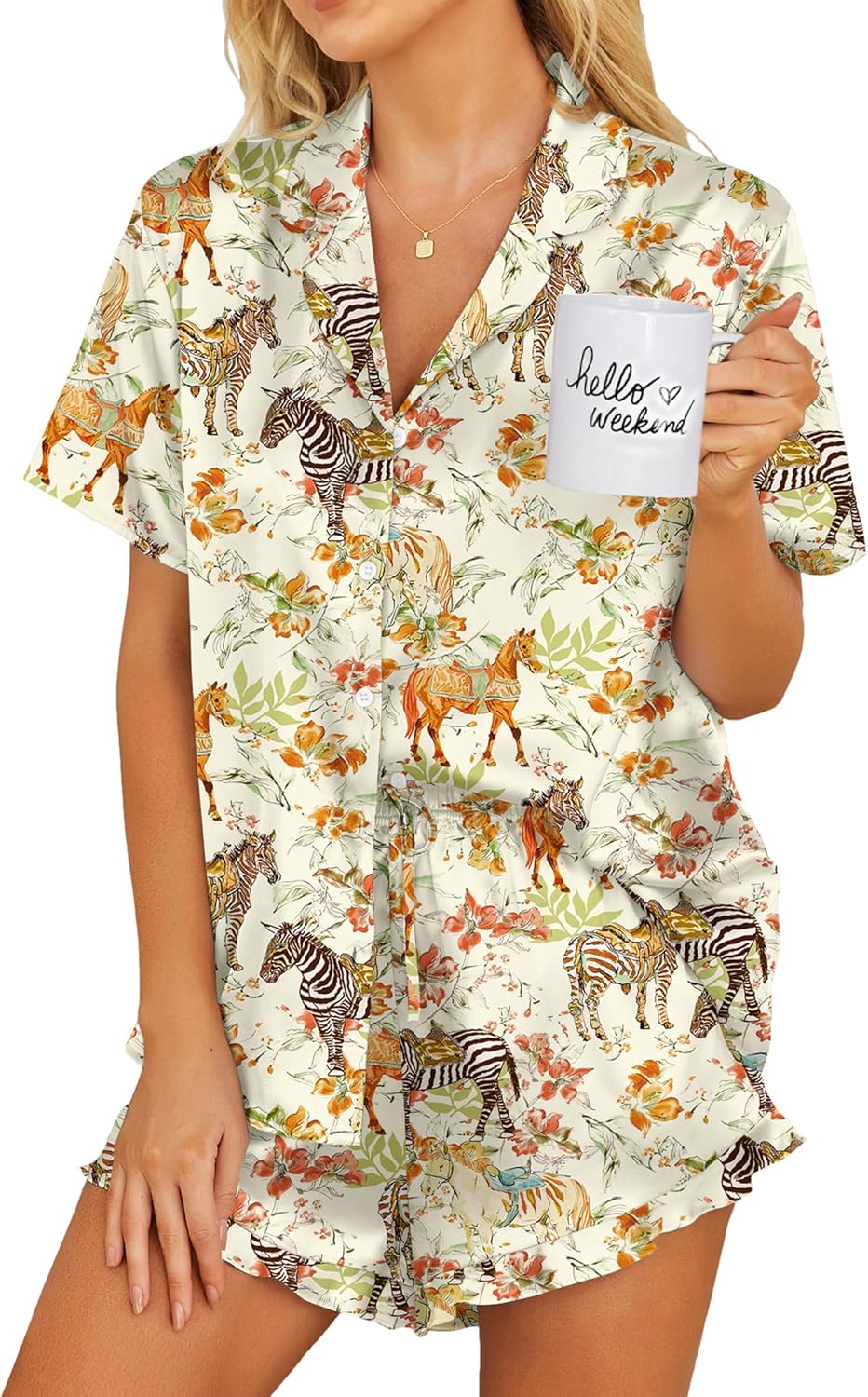 Ekouaer Womens Satin Pajamas Set Button Down 2 Piece Silk Pjs Shorts Set Ruffle Lingerie Notch Collar Sleepwear