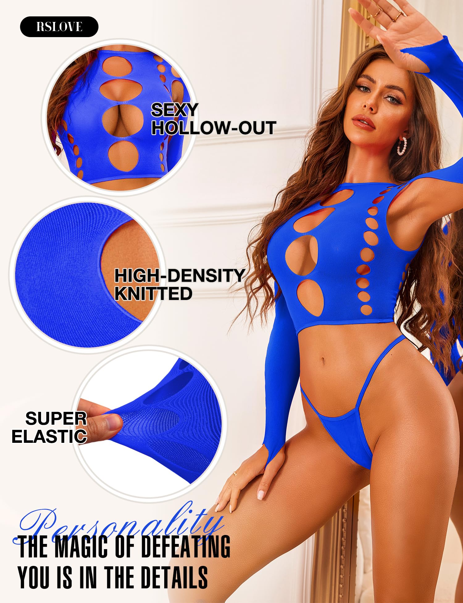 RSLOVE Women Sexy Lingerie Sets Bodysuit Cutout Top Long Sleeve Teddy Exotic Bodystocking Mesh Black