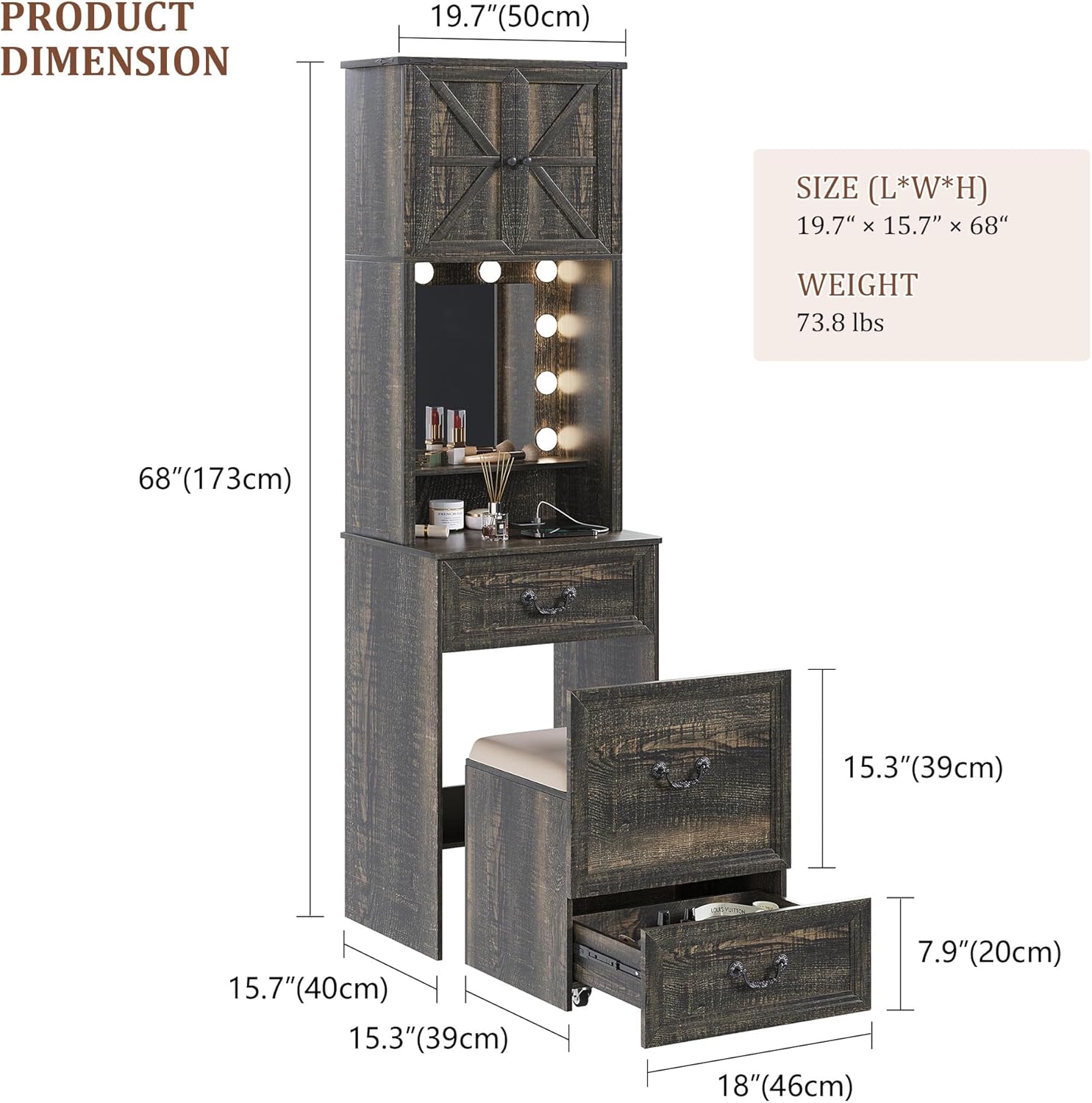 Vanity Desk with Mirror and Lights, Compact Makeup Table w/Storage Drawers & Shelves, Farmhouse Vanity Table with Hidden Chair for Bedroom, Gift for Girls Lady, Rustic Brown