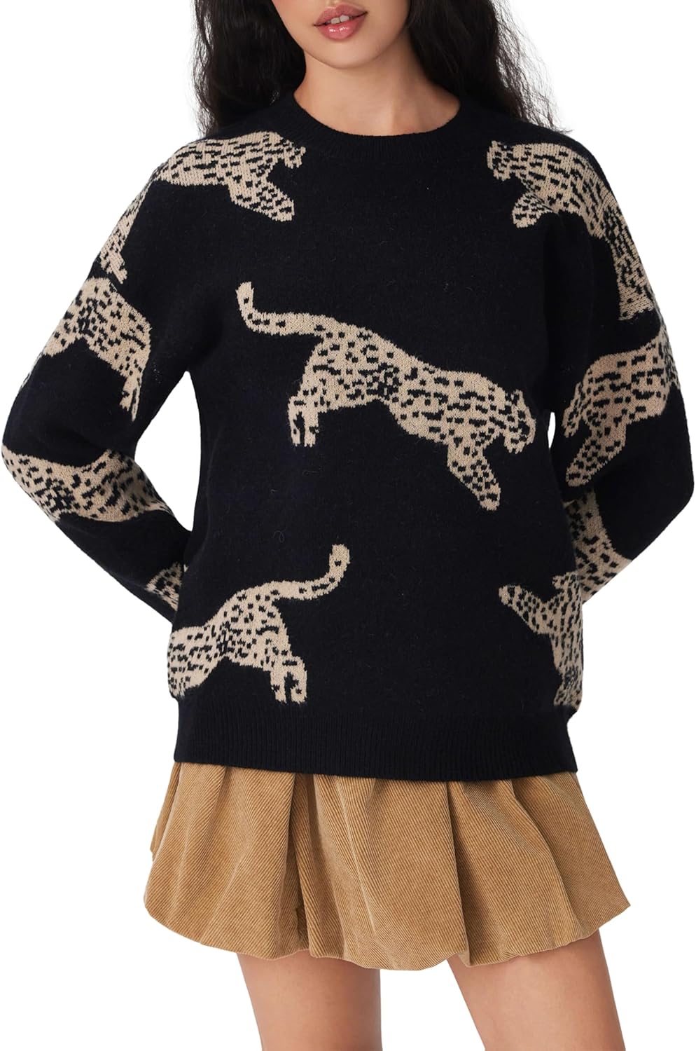 CIDER Womens Leopard Crew Neck Long Sleeve Boho Knit Sweater Casual Pullover Fall Sweater