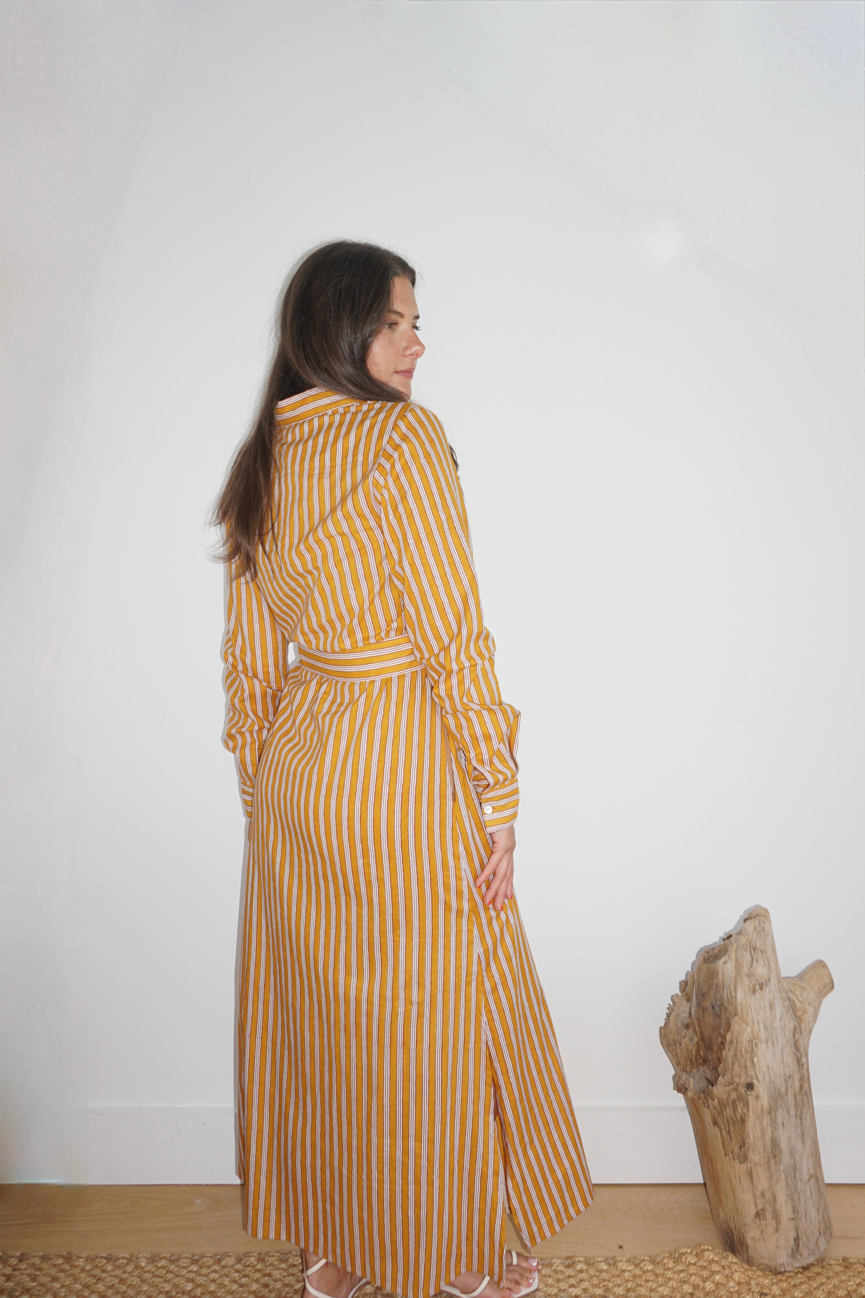 Caspian Dress in Marigold Pinstripe