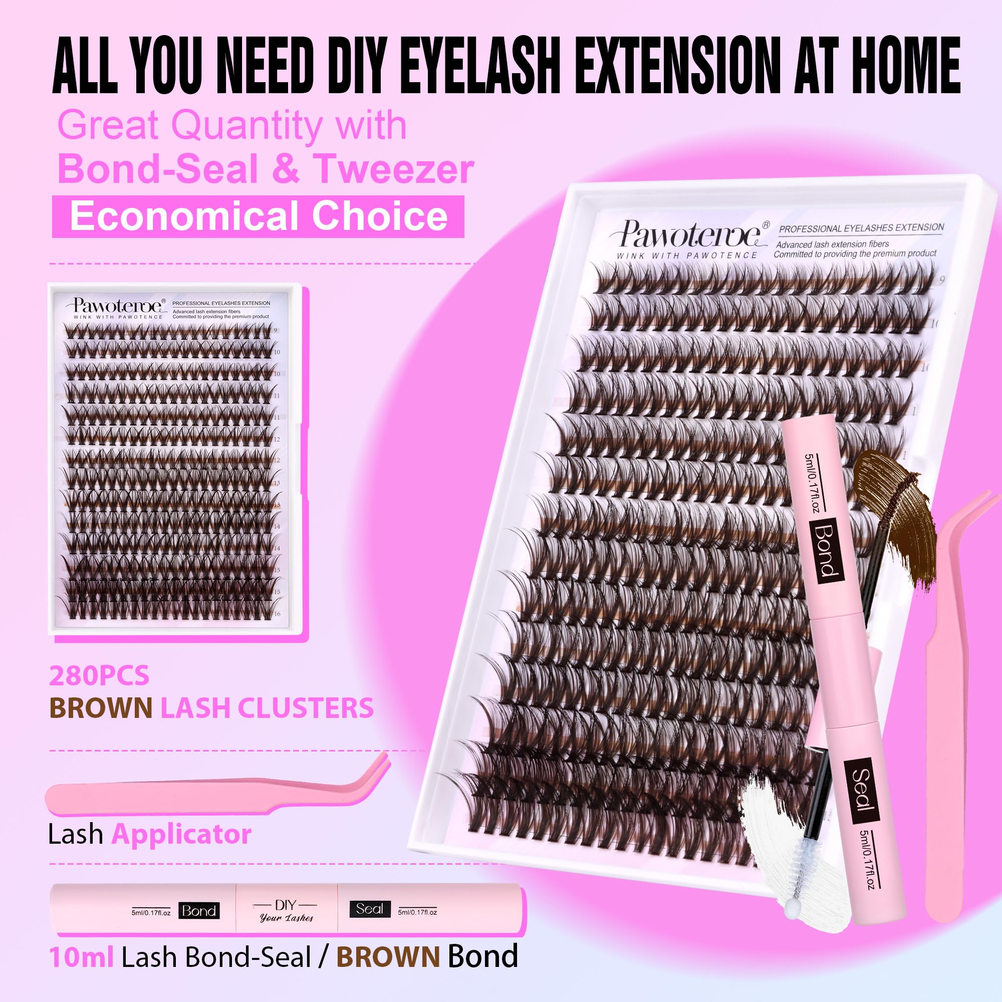 Pawotence Lash Extension Kit DIY 280pcs Lash Clusters Eyelash Extension Kit, 9-16mm 30D 40D Individual Lashes Kit with Lash Bond and Seal, Lash Tweezers for Self Use (30D&40D, 0.07D, 9-16mm, Kit)