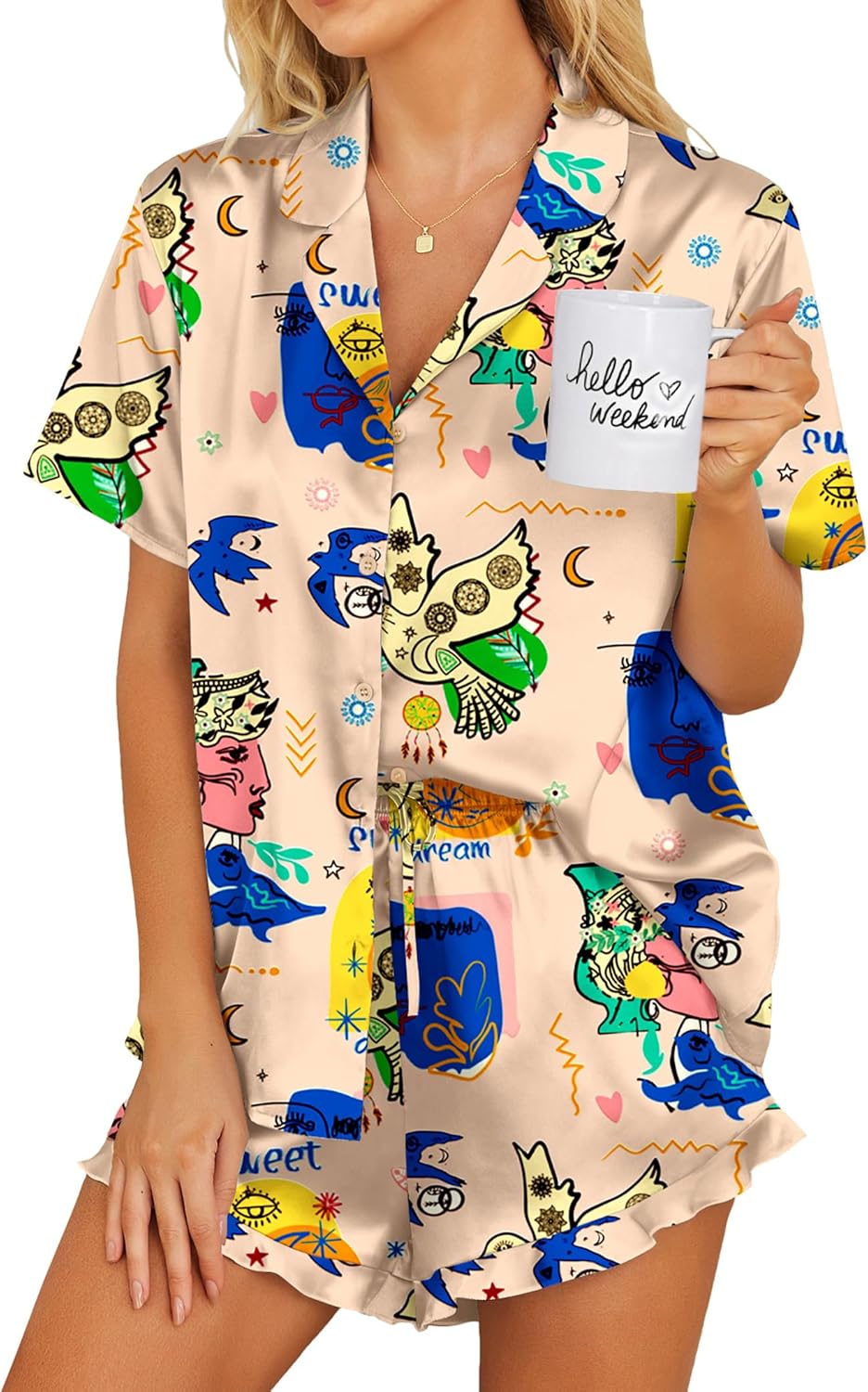 Ekouaer Womens Satin Pajamas Set Button Down 2 Piece Silk Pjs Shorts Set Ruffle Lingerie Notch Collar Sleepwear