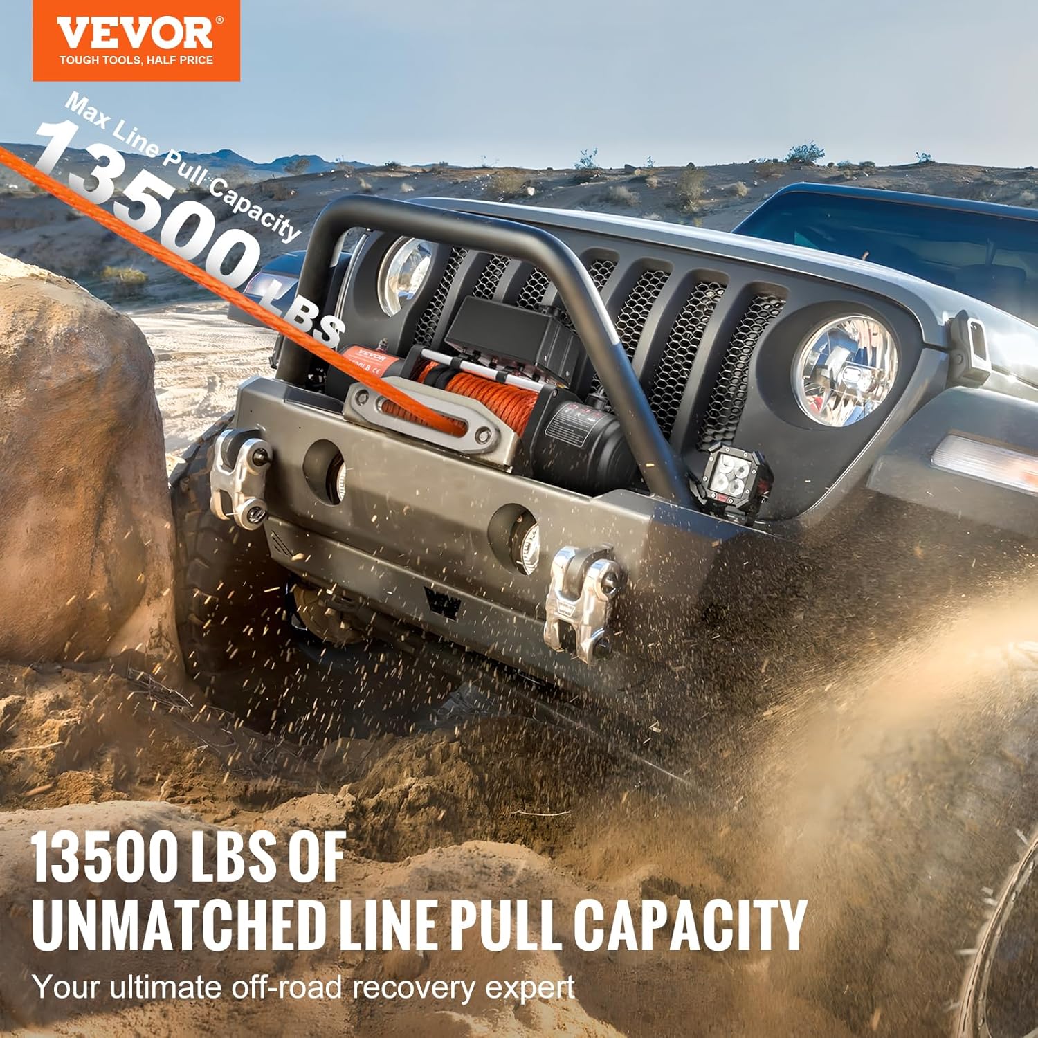 VEVOR 13,500 lb Electric, Truck Winch 12V DC 3/8 in x 80 ft Synthetic Rope Aluminum Fairlead Wireless & Wired Remote Control, 13500 lbs, IP55 Waterproof Towing for Off Road Jeep SUV Boat