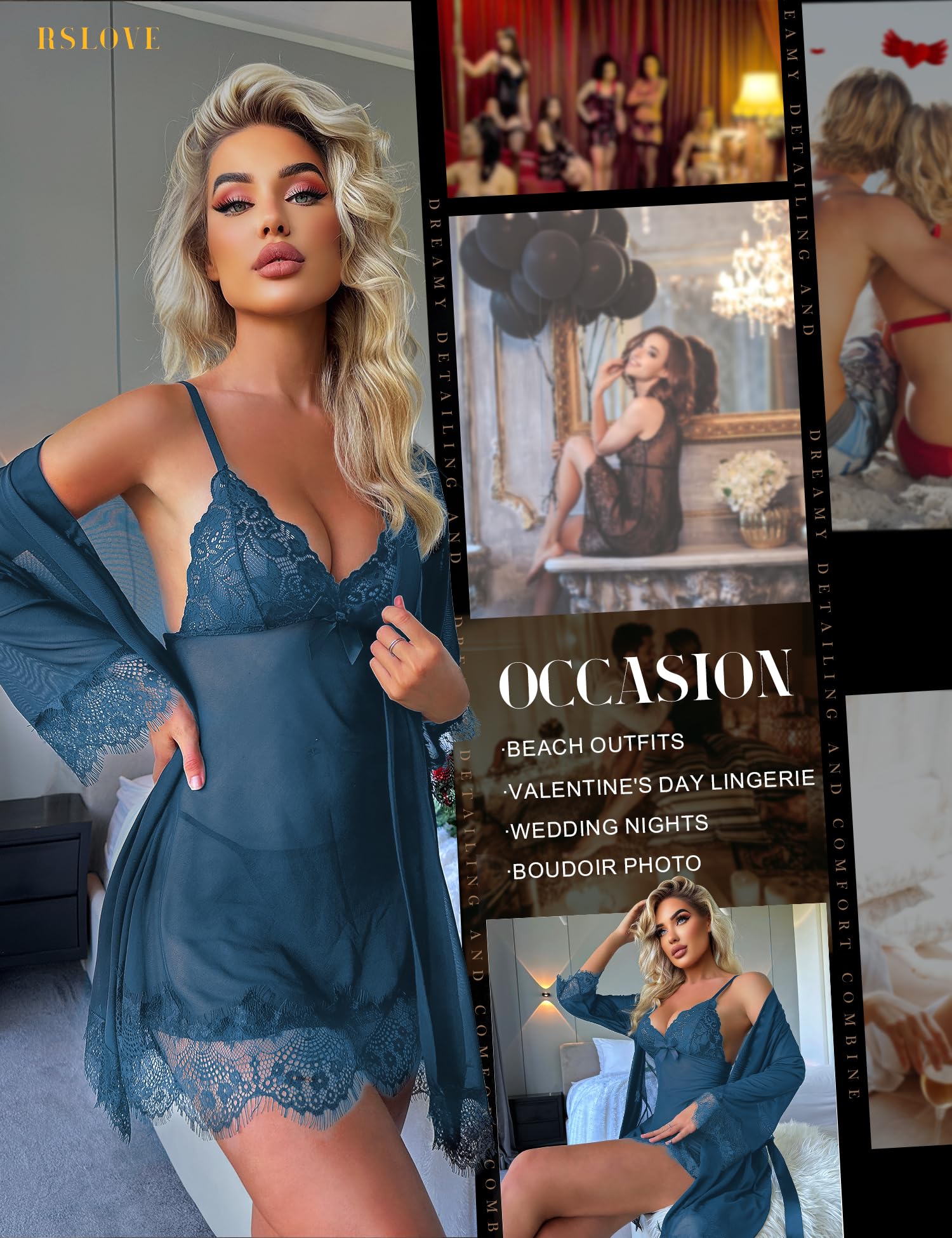 RSLOVE Women Sexy Lingerie Set 3 Piece Babydoll & Lace Kimono Robe Strap Chemise Mesh Nightgown Wine Red M