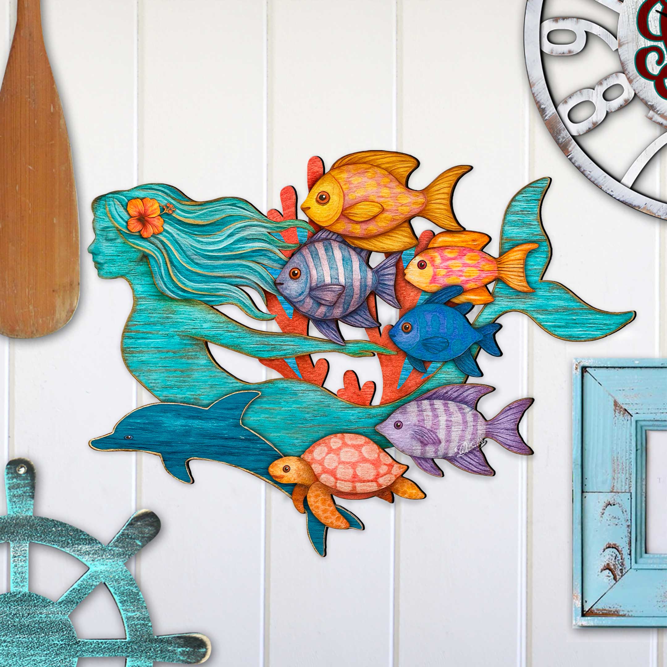 Tropical Mermaid Coastal Door Hanger - Handcrafted Underwater Friends Coastal Wall Art by G. DeBrekht - Coastal Holiday Decor - 81985144H