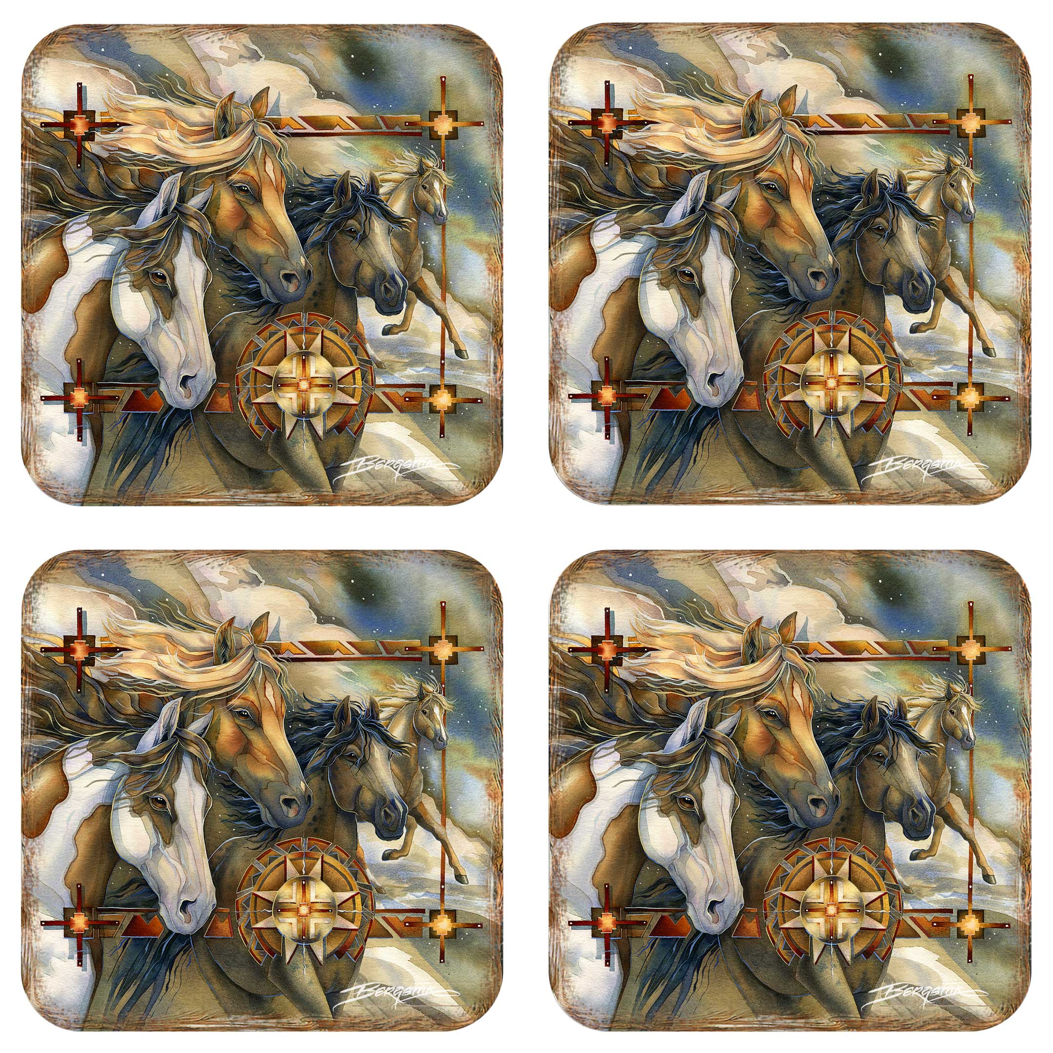Wild Horses Wooden Cork Coasters Gift Set of 4 by J. Bergsma - Wildlife Décor - 8199474C-S4
