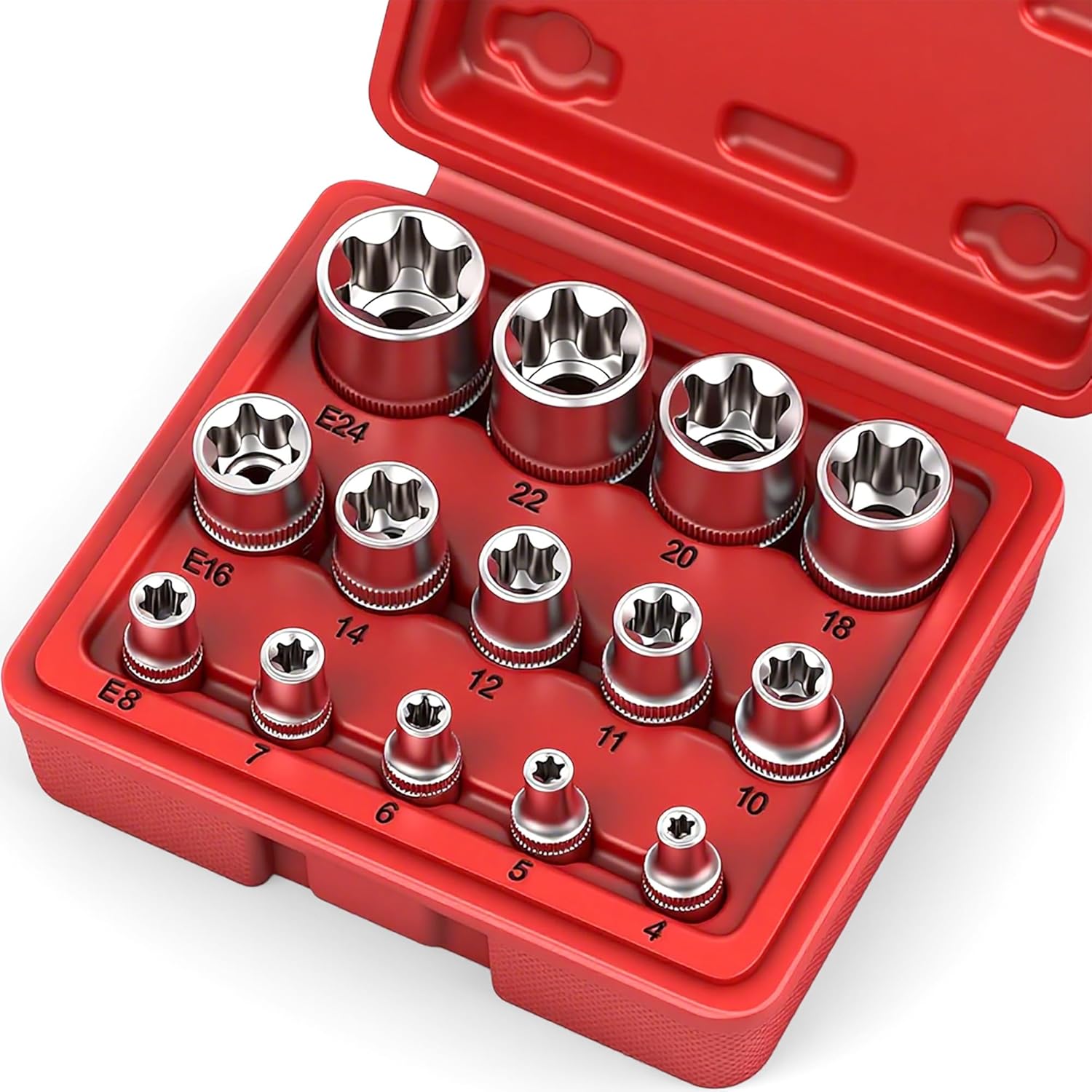 SEDY 14-Piece E-TORX Socket Set - Premium Female Torx Socket Set, Ultimate Torque Star Sockets, External Torx Sockets, E4 E5 E6 E7 E8 E10 E11 E12 E14 E16 E18 E20 E22 E24