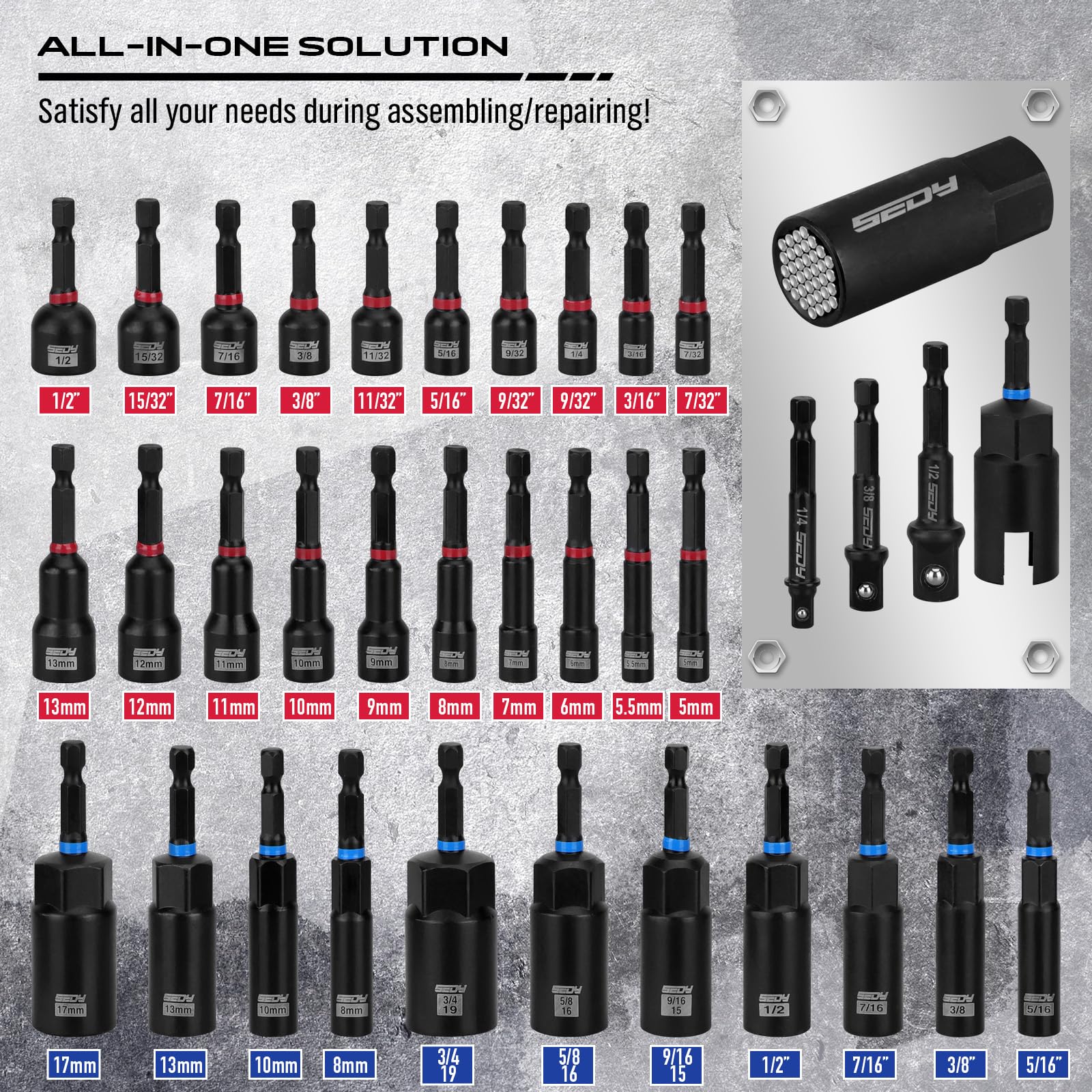 80-Piece Premium Magnetic Impact Nut Driver Set Metric & SAE with Socket Adapters, Bit Holder, Wing Nut Driver, Universal Sockets, Quick Release Extension, Power Bits