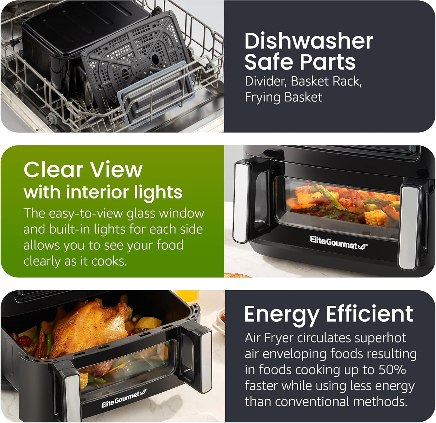 Elite Gourmet EAF1055D Dual Zone Air Fryer Oven, 11QT. Capacity with Divider, Sync Finish, Dishwasher Safe Basket, 10 Preset Functions, 1600-Watts, with Recipe Booklet, Black