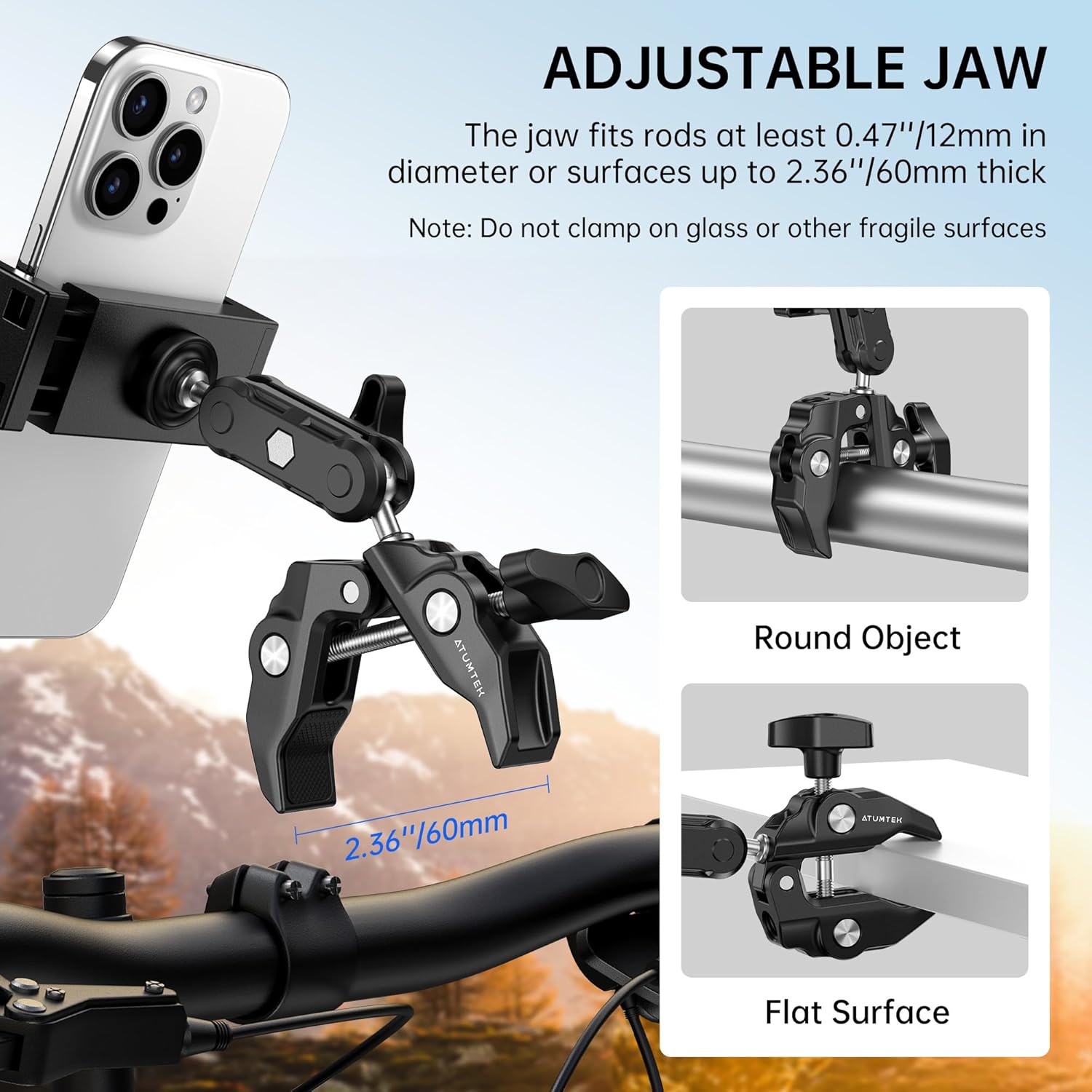 ATUMTEK Super Camera Clamp Mount with 1/4" and 3/8" Threads, Dual Ballhead Magic Arm 360° Ball Head Grip, Phone/Action Camera Mount Adapter for Canon Nikon DSLR Camera, GoPro/Insta360/INSTAX/DJI