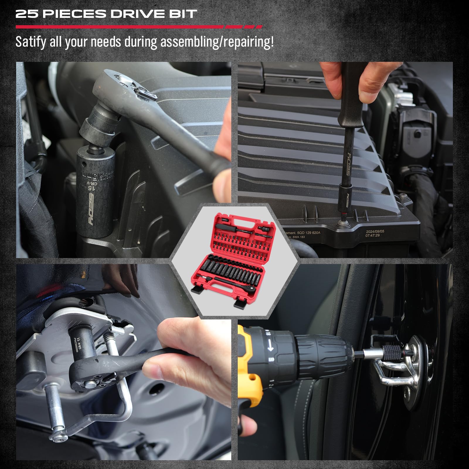 29-Piece 1/2" Drive Impact Socket Set, SAE (3/8 to 1 inch) and Metric (10-24mm) Sizes with Extension Bars Standard Deep Socket Set CR-V Material High Durability Impact Wrench