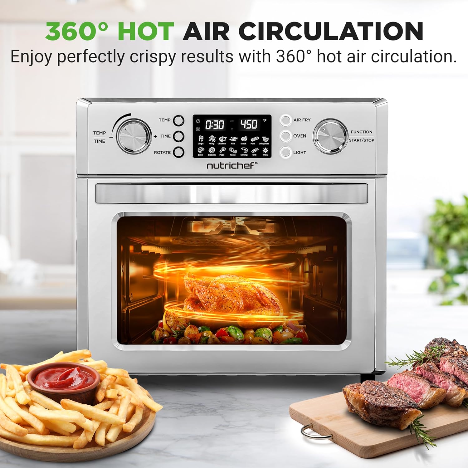 NutriChef 26L Electric Air Fryer Oven | 1700W Countertop Rotisserie & Air Fryer | 360° Rotating Feature | 10 Digital Menu Presets | Includes Drip Tray, Air Frying Basket & Bake Rack 15x16x14 (Silver)