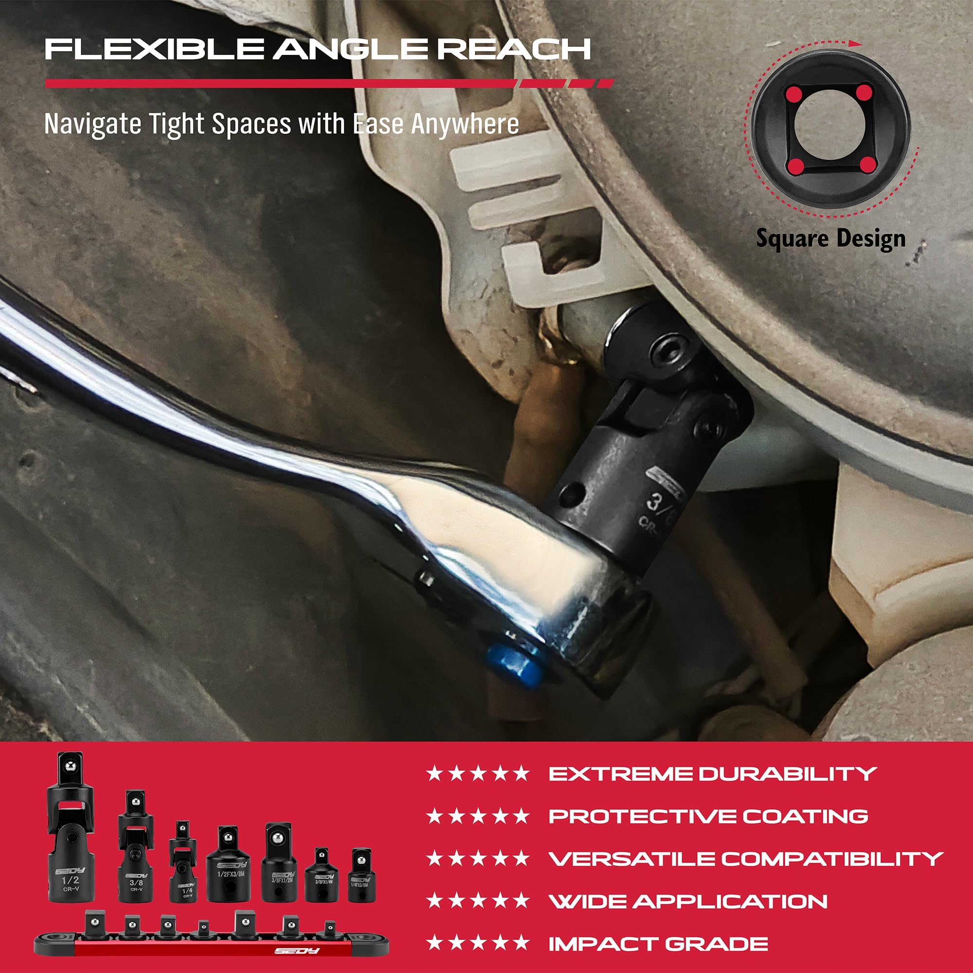 Impact Universal Joint-Socket Swivel Set: 3-Piece 1/2", 3/8", 1/4" Flexible Socket Swivel Set Premium CR-MO Steel U Joint Adapter Wobble