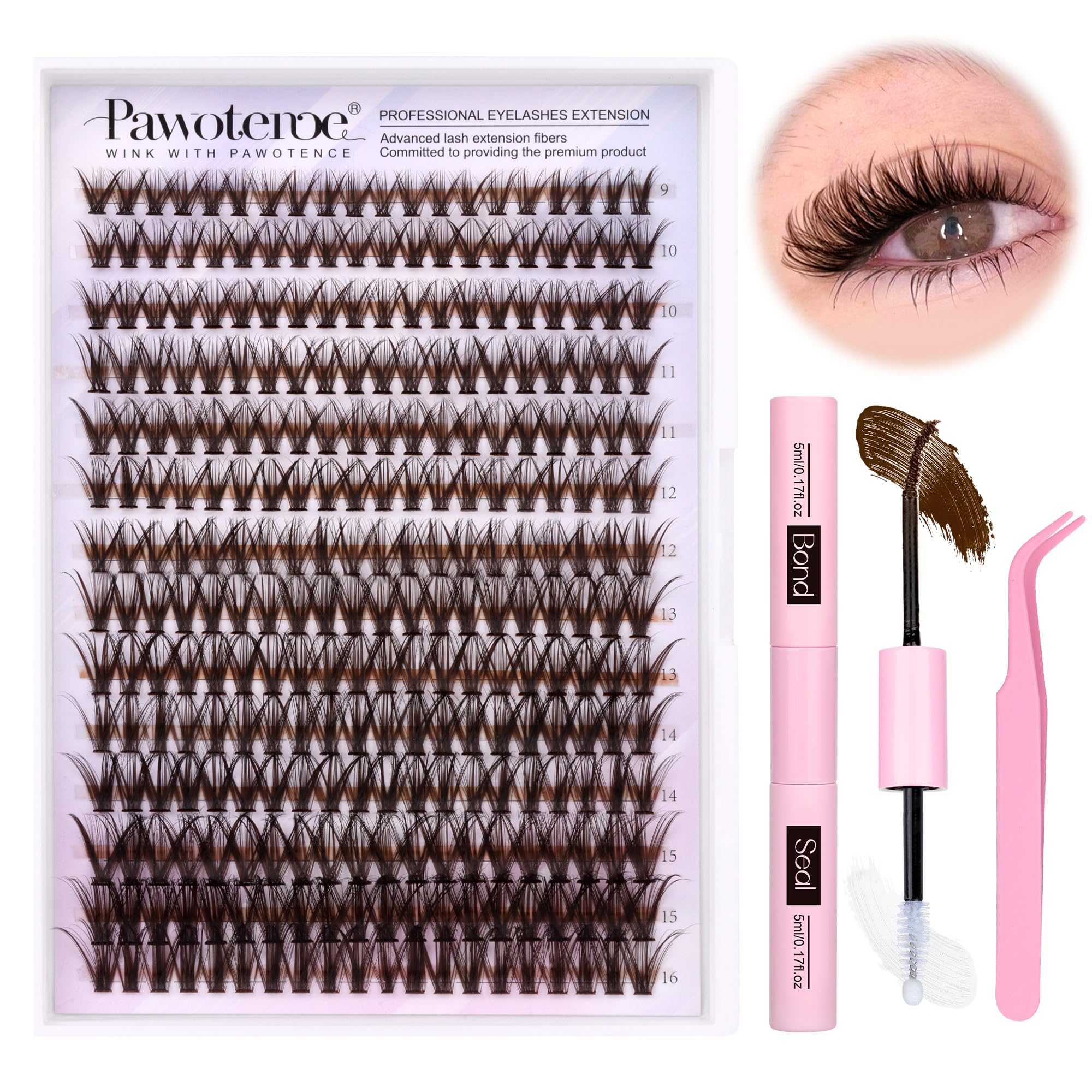 Pawotence Lash Extension Kit DIY 280pcs Lash Clusters Eyelash Extension Kit, 9-16mm 30D 40D Individual Lashes Kit with Lash Bond and Seal, Lash Tweezers for Self Use (30D&40D, 0.07D, 9-16mm, Kit)