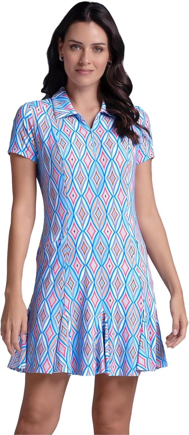 IBKUL Athleisure Wear Sun Protective UPF 50+ Icefil Cooling Romina Print Short Sleeve Godet Dress - 69931