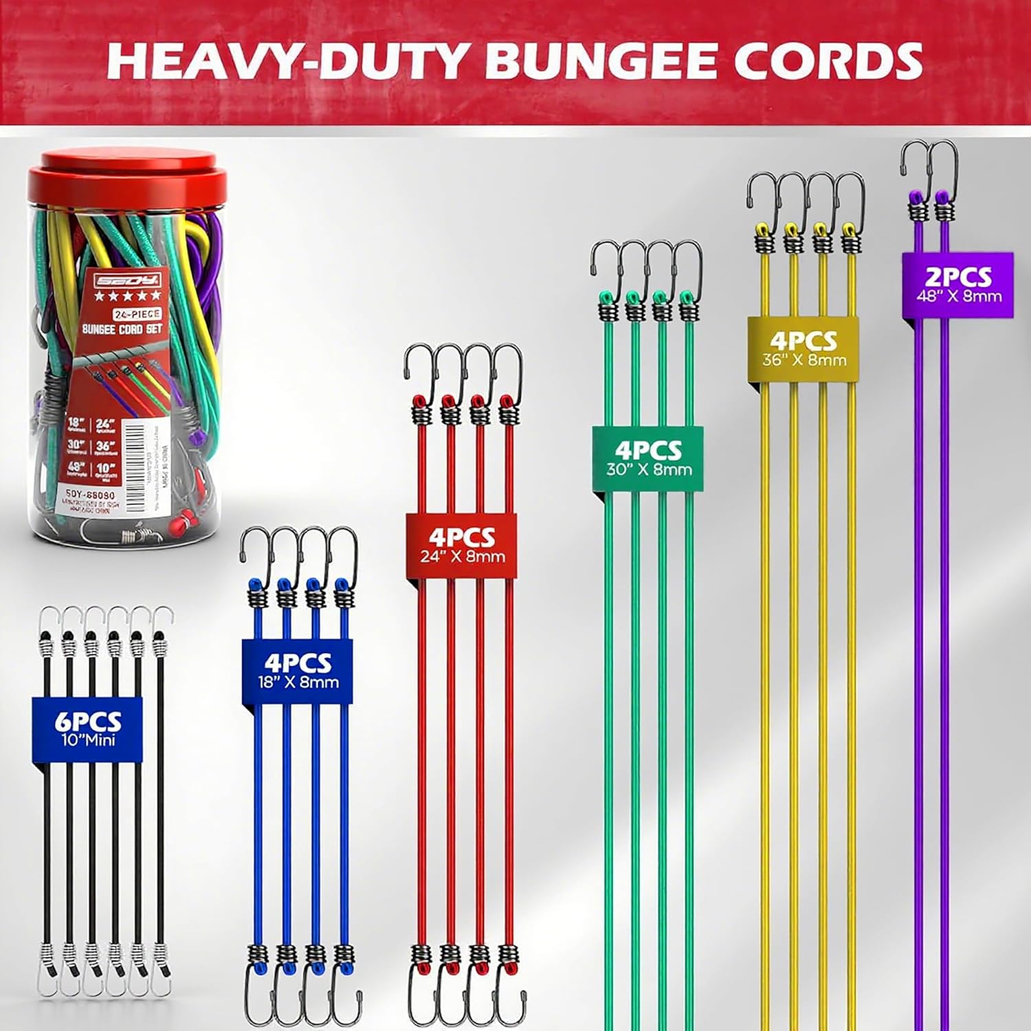 24-Piece Premium Bungee Cords Heavy Duty Outdoor, Bungee Cords with Hooks in a Storage Jar Includes 10", 18", 24", 30", 36", 48" Bungie Cord Bundle Assortment for Camping, Tent, Fastening Items