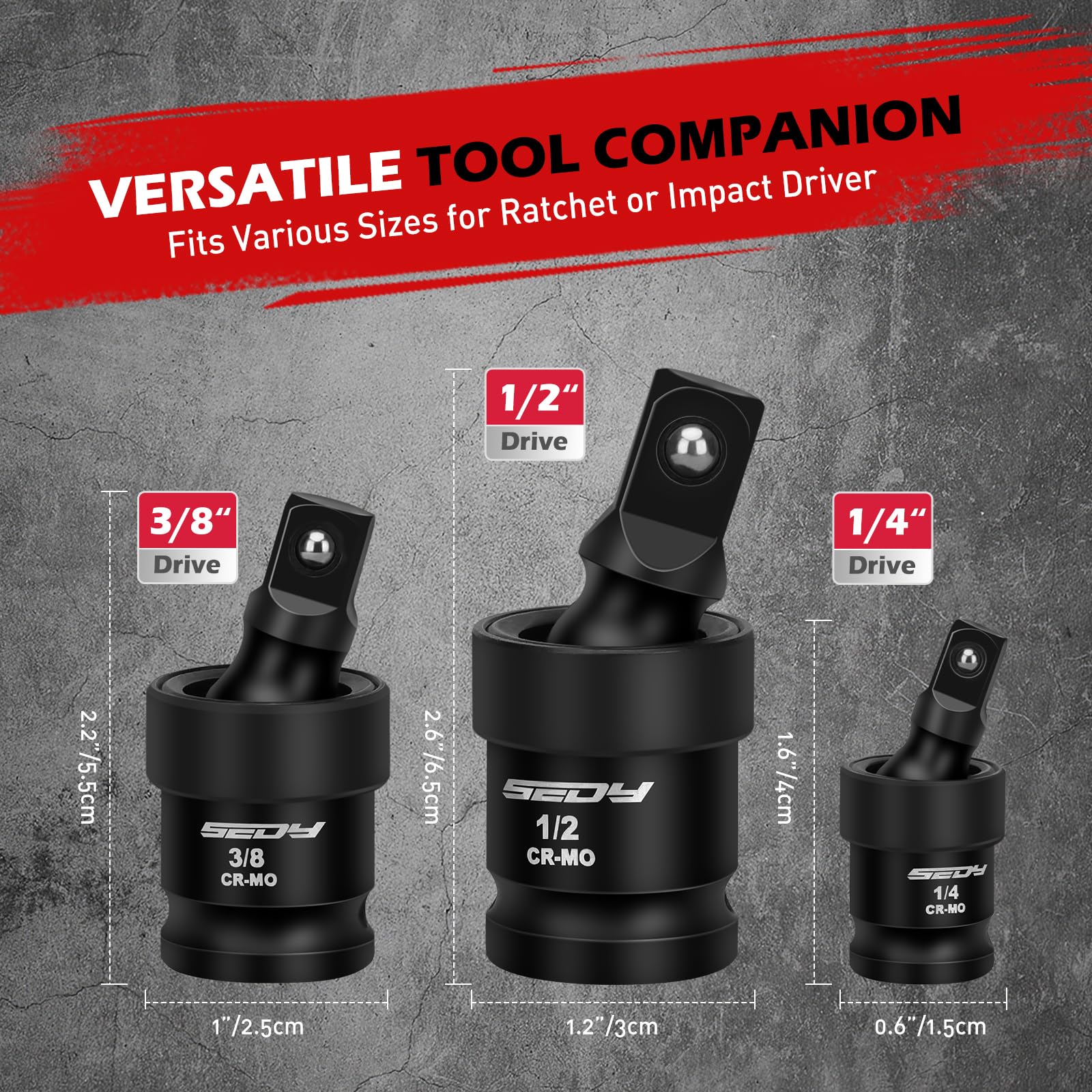 Impact Universal Joint-Socket Swivel Set: 3-Piece 1/2", 3/8", 1/4" Flexible Socket Swivel Set Premium CR-MO Steel U Joint Adapter Wobble