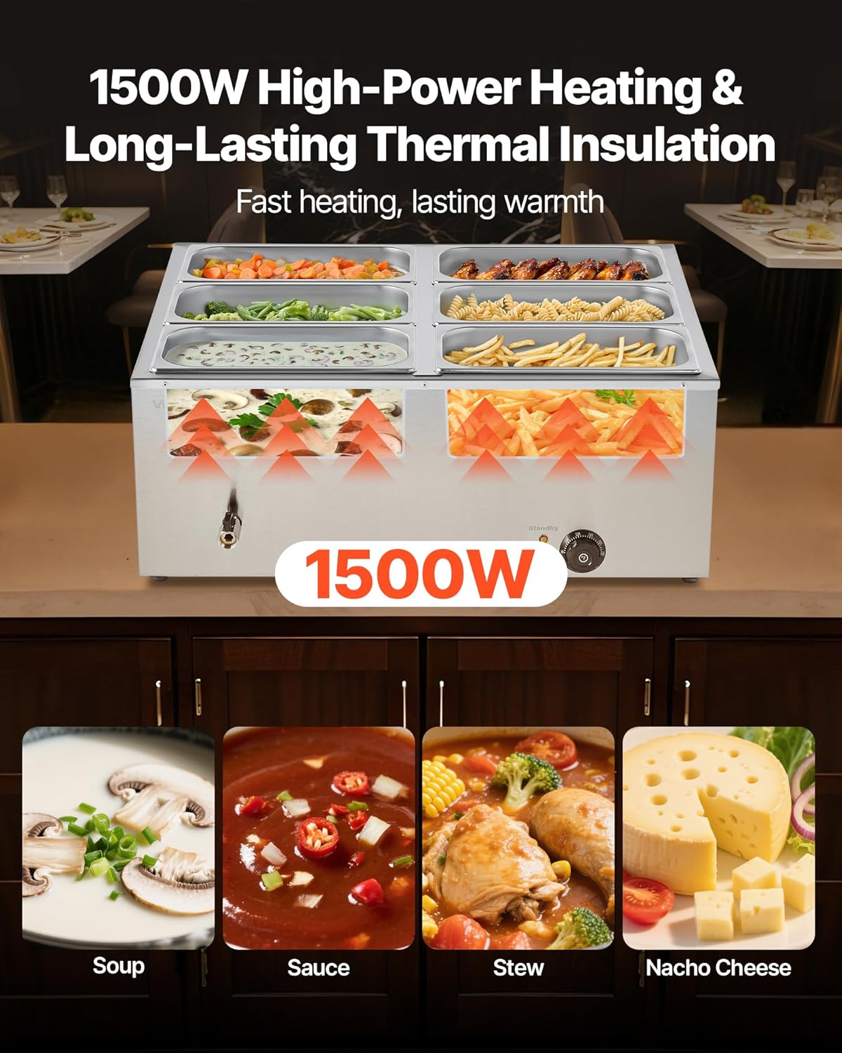 VEVOR Commercial Food Warmer, 1500W Electric Stainless Steel Steam Food Warmer with Lid, 6-Pan Fast Heating Countertop Buffet Bain Marie with Soup & Perforated Ladles, for Catering, Restaurant, Party