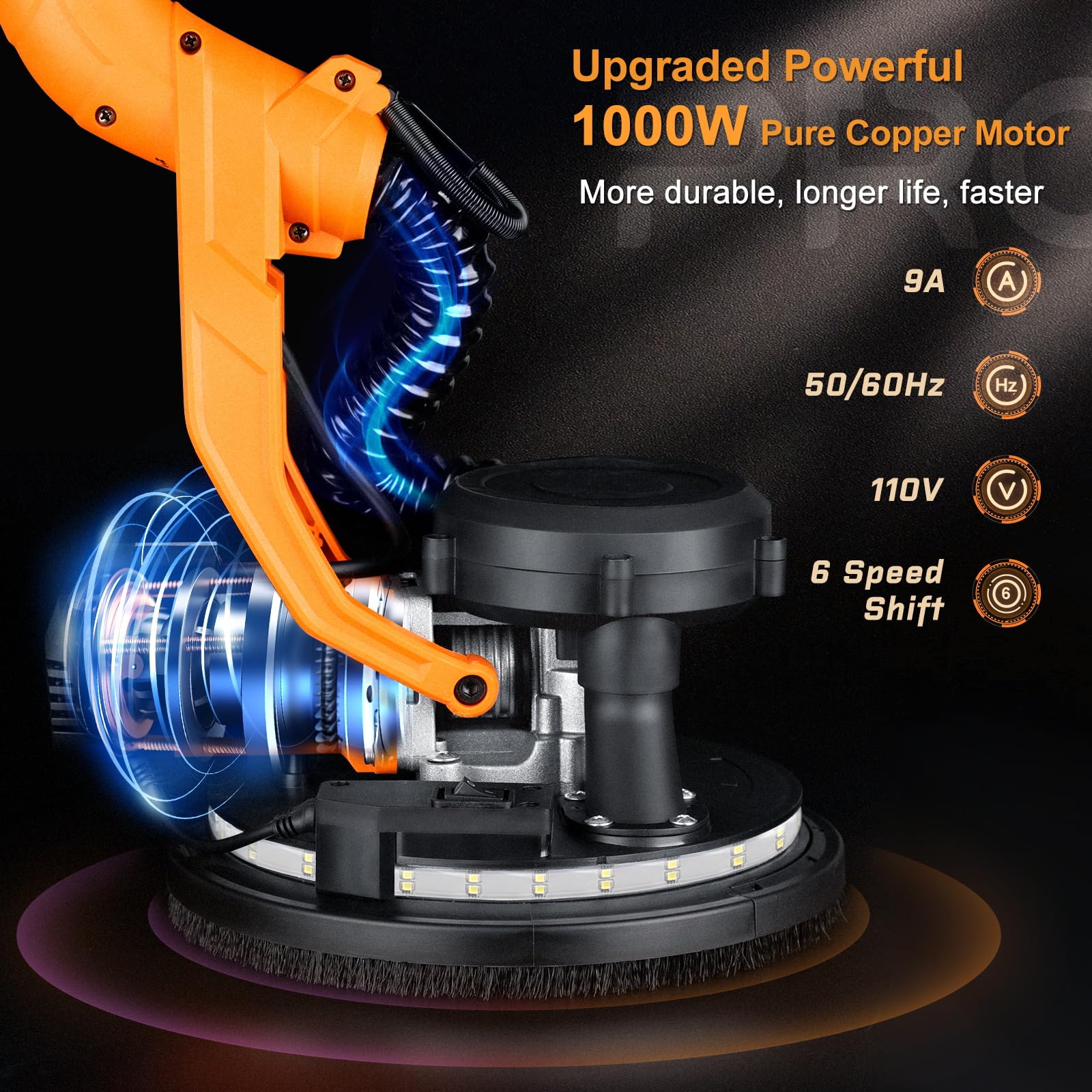 Drywall Sander, 1000W Popcorn Ceiling Removal Tool, Automatic Drywall Sander with Vacuum Dust Collection, LED Light, 6 Variable Speed 800-2200RPM,15Pcs Sanding Discs, Foldable & Extendable Handle