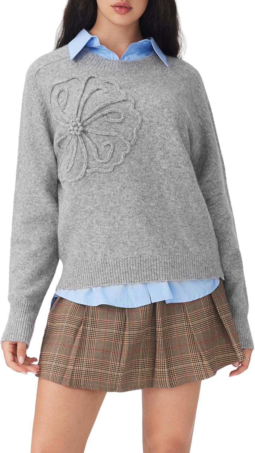 CIDER Women's Cute Sweater Crew Neck Long Sleeve Floral Pullover Fall Winter Sweaters Loose Fit Knit Top