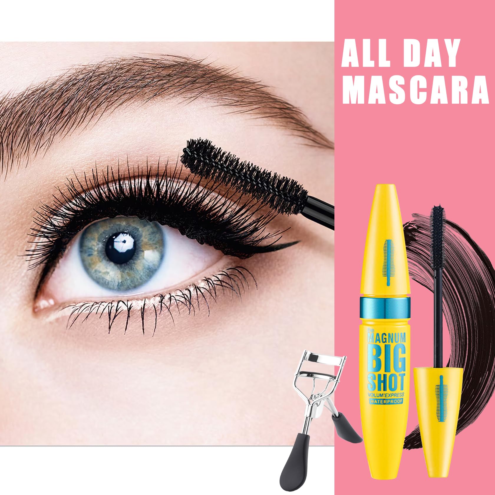 Black Telescopic Mascara Set,3PCS Black Mascara Volume and Length for Eye Makeup,Waterproofing No Clumping Tubing Mascara,No Smudging Curly Black Mascara with Eyelash Curler