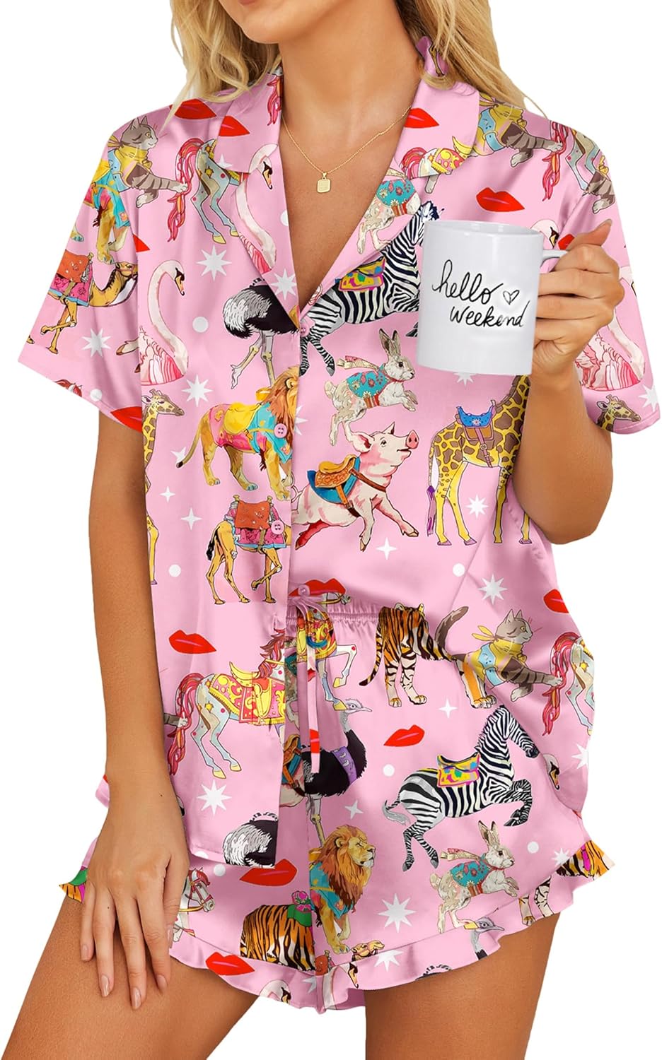 Ekouaer Womens Satin Pajamas Set Button Down 2 Piece Silk Pjs Shorts Set Ruffle Lingerie Notch Collar Sleepwear