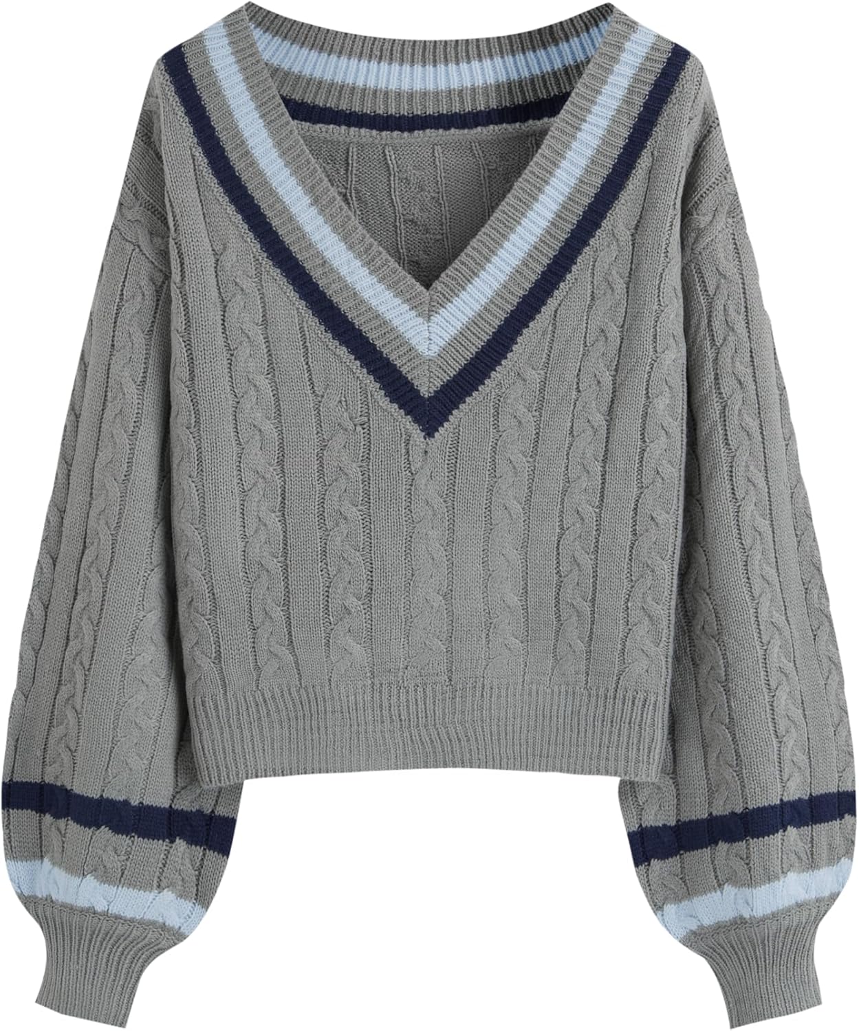 CIDER Cable Knit Sweater Women V Neck Long Sleeve Pullover Striped Trim Regular Fit Knit Top Fall Sweaters